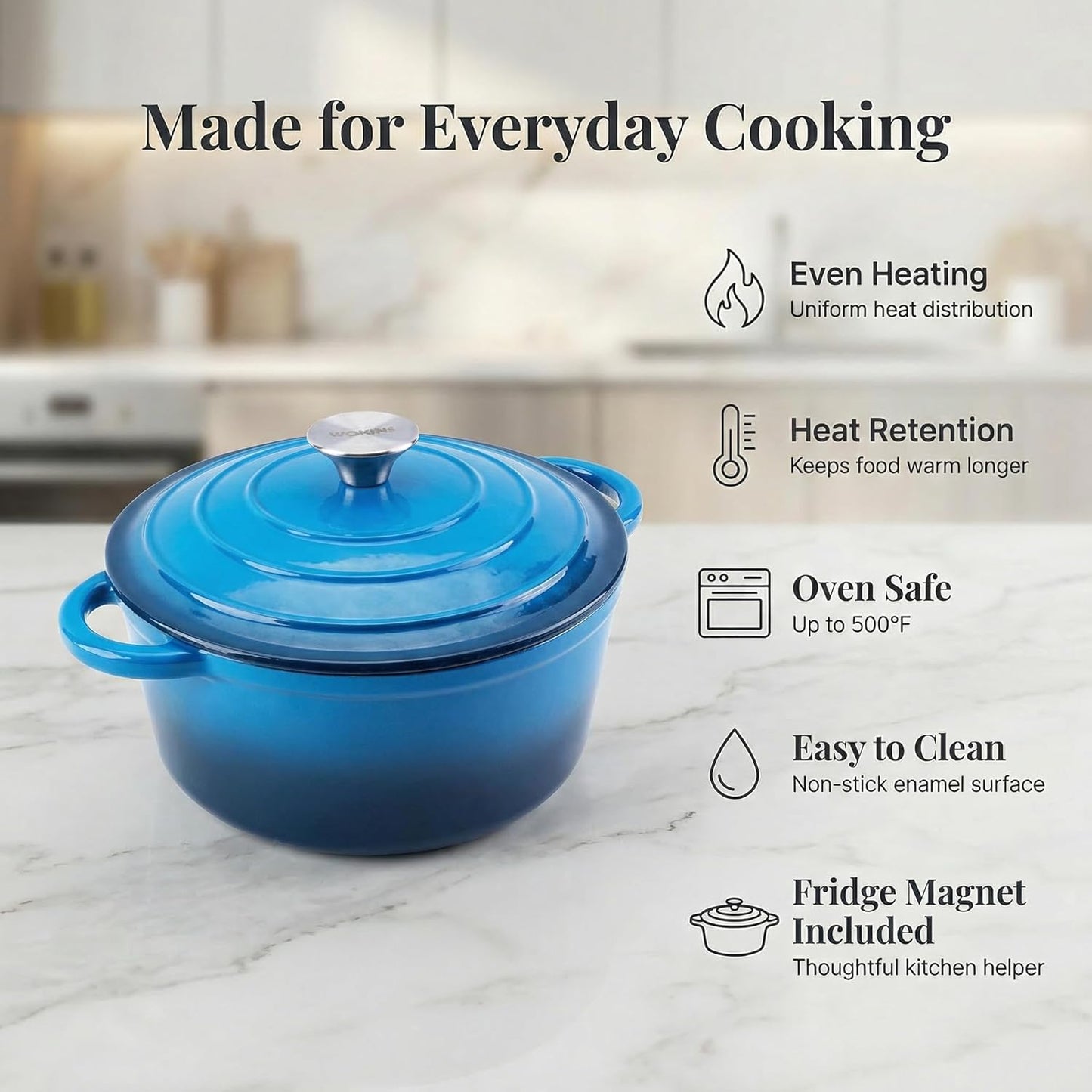 4QT Enameled Cast Iron Dutch Oven Pot with Lid,Heavy-Duty Cookware for Sourdough Bread Baking,Braising,Stews,Roasting,Oven Safe up to 500°F,blue