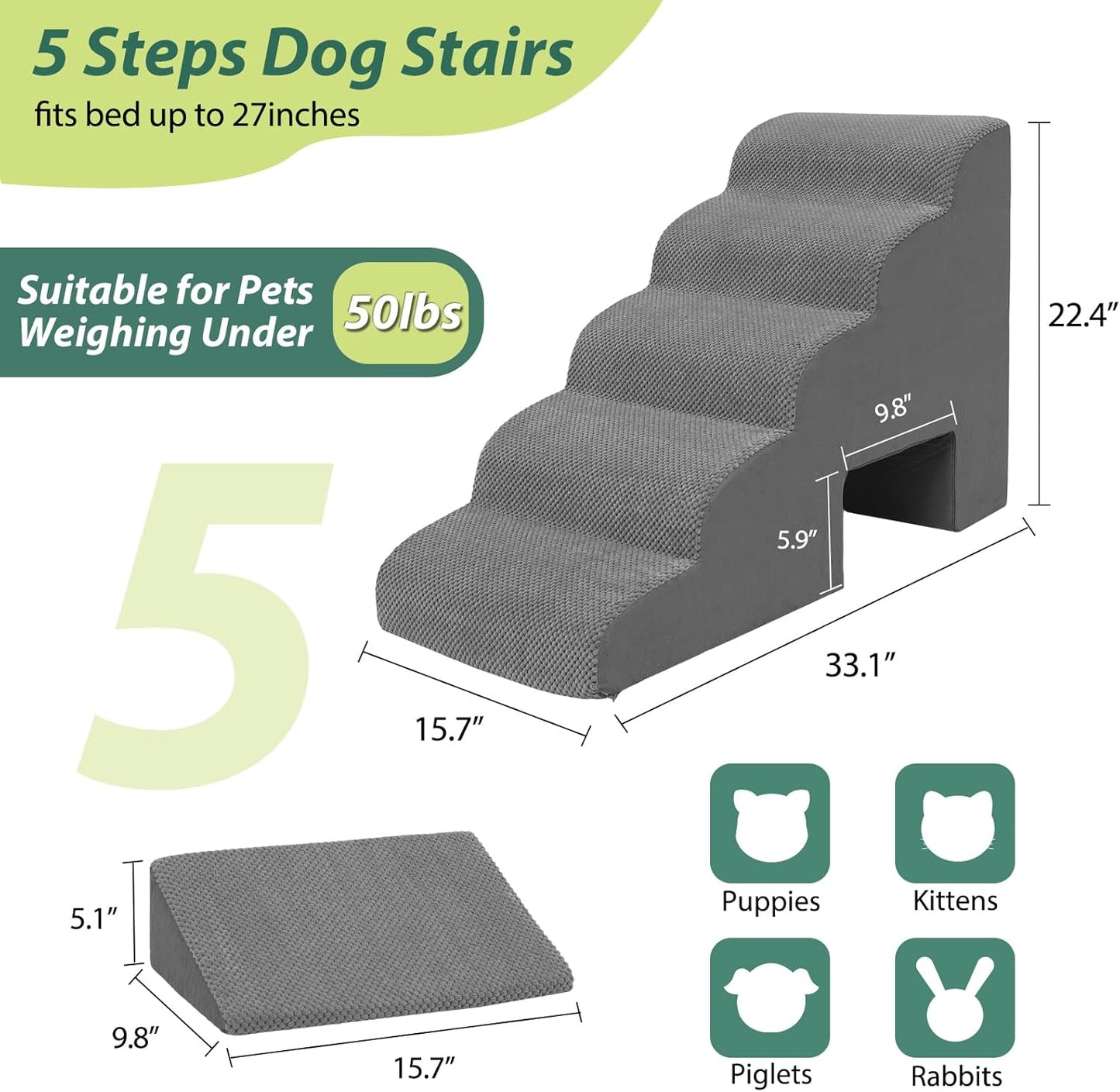 Dog Stairs for Small Dogs, 5 Tier Dog Steps for Bed and Couch, 23" H Non-Slip Balanced Pet Stairs with 2 Pet Ramps, Gray