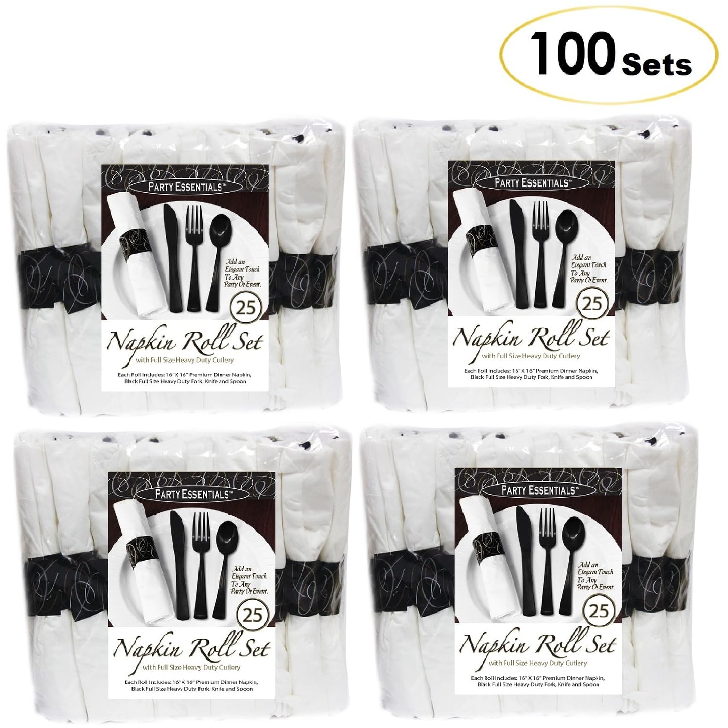 Party Essentials Pre-Rolled Disposable Extra Heavy Duty Plastic Cutlery Kit with Black Fork/Knife/Spoon and 3-Ply White Napkin (Case of 100 rolls)