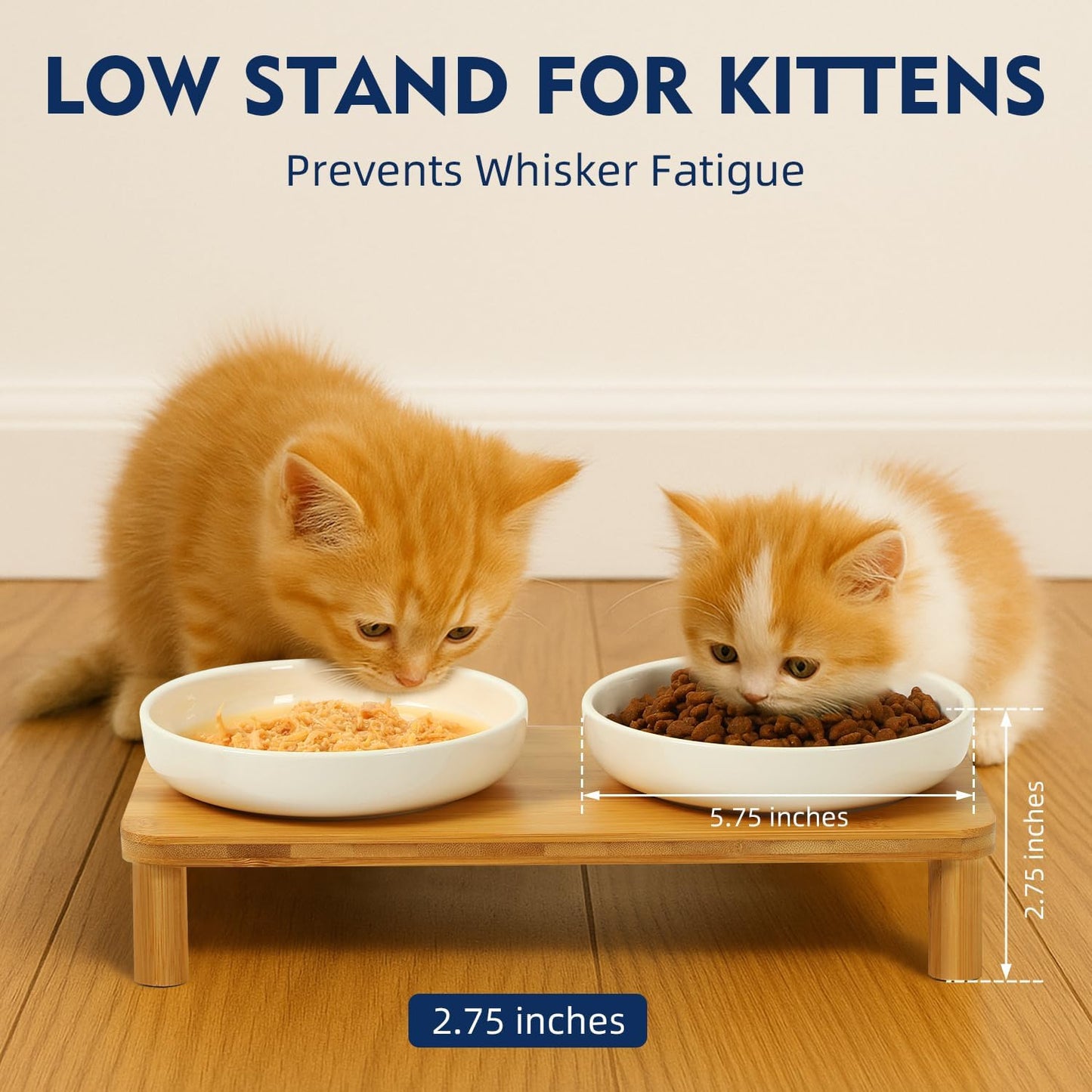 Elevated Cat Bowls for Indoor Cats – Raised Bamboo Cat Food Table with 2 Ceramic Dishes, Adjustable Height (4.25"/3.07"), Whisker Friendly Feeding Station
