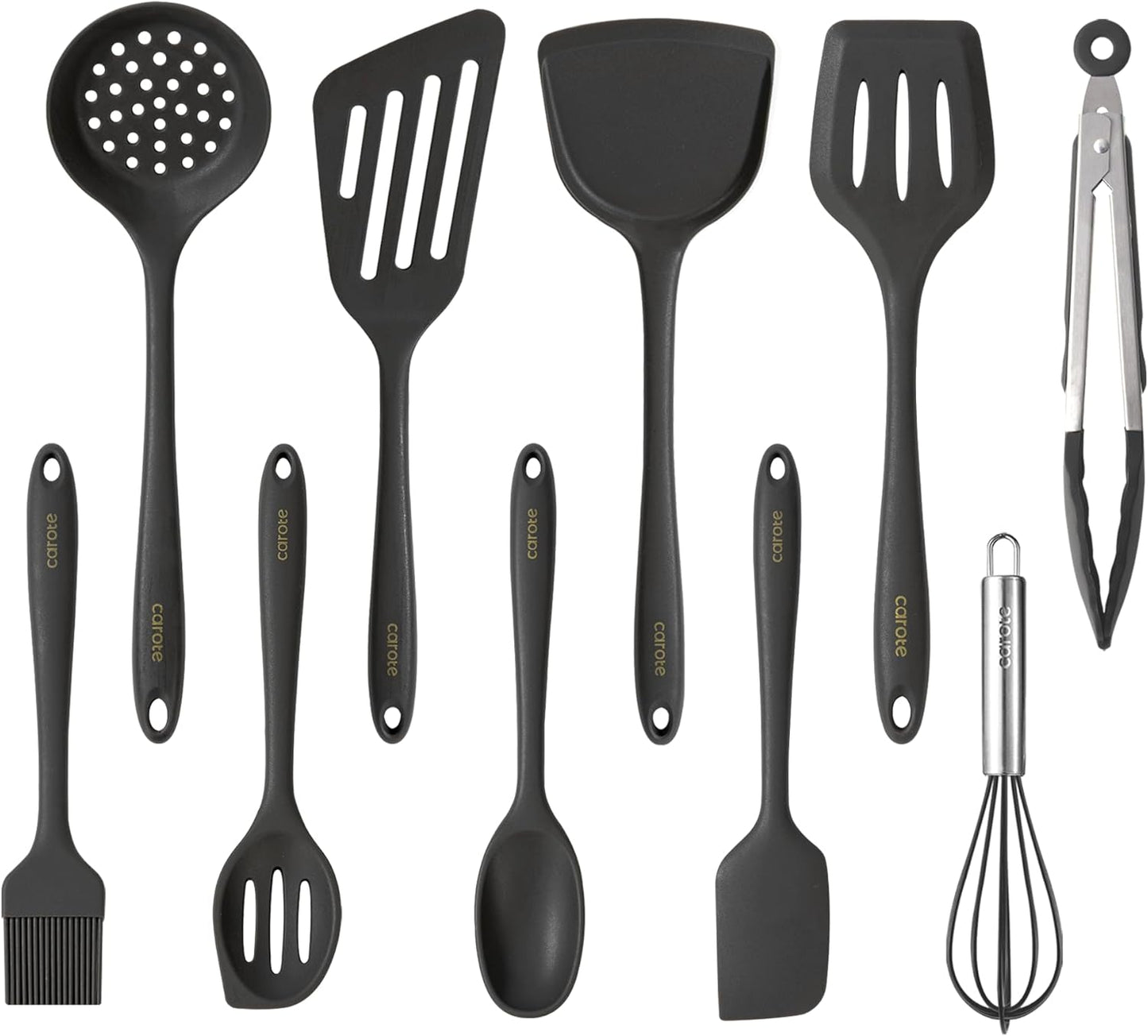 CAROTE Kitchen Utensil Set for Nonstick Cookware - 446°F Heat Resistant Silicone Cooking Utensils Set 10pcs, Dark Grey, Oderless Spatula, Turner