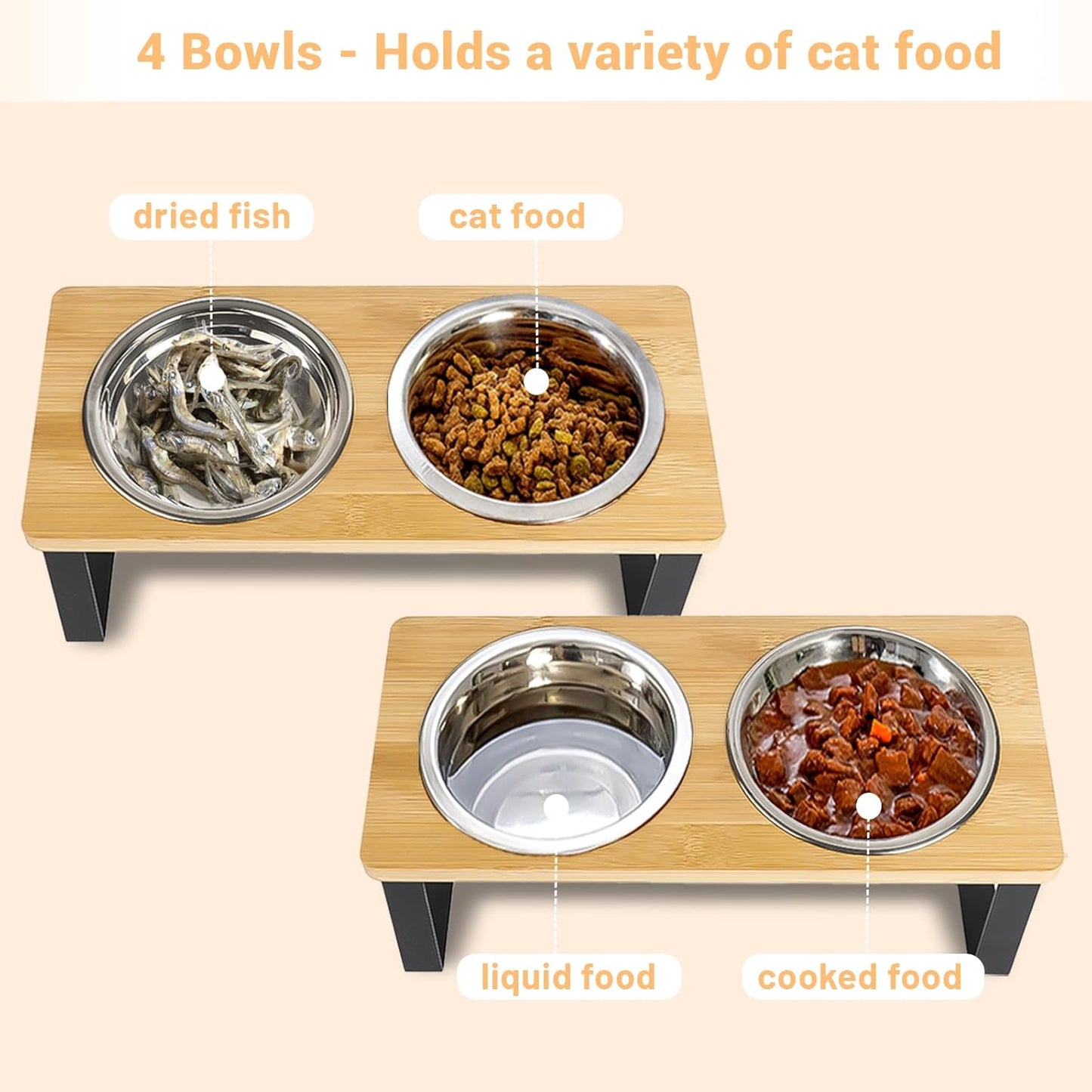 Elevated Cat Bowl, 2 PCS 15°Tilted Cat Bowl Stand with 2 Stainless Steel Bowls for Indoor Cats and Pet, Raised Cats Bowls for Food and Water