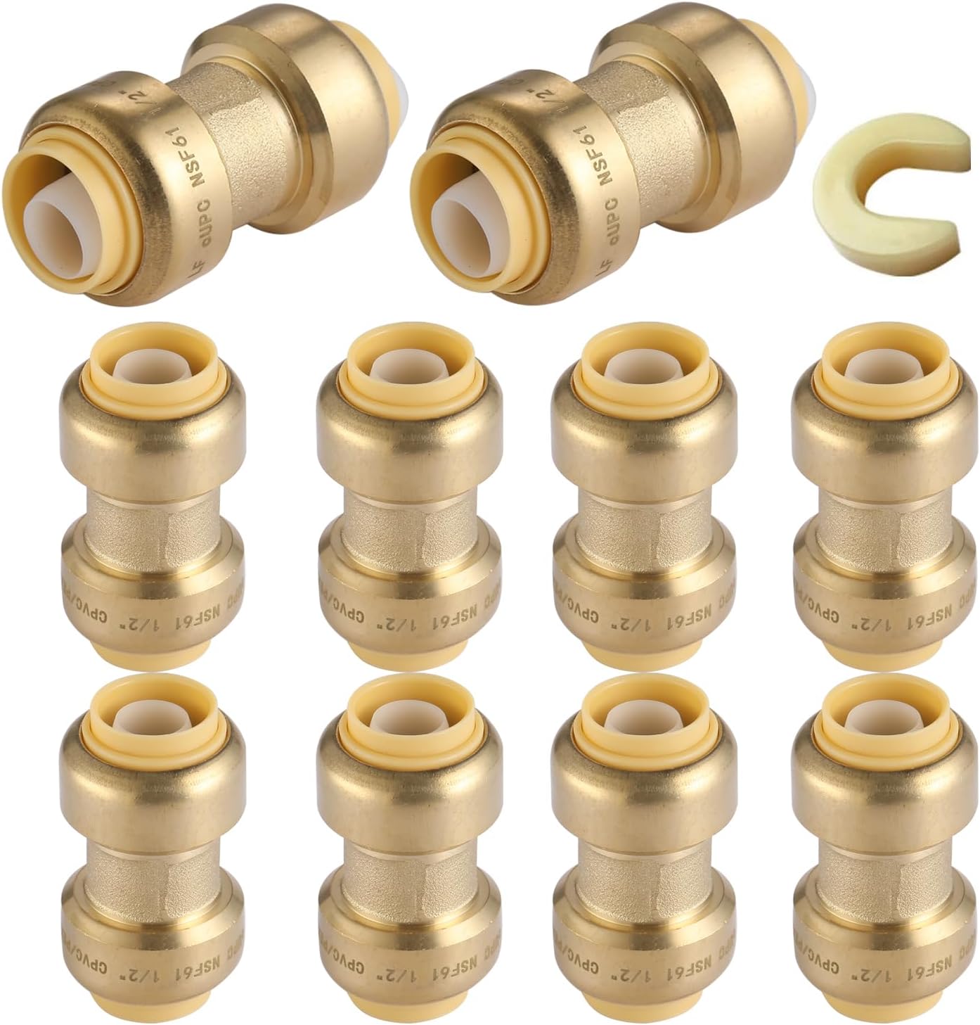10 Pack 1/2 Inch Pushfit Straight Coupling, PEX Brass Push-fit Coupling with Disconnect Clip, Push-to-Connect Plumbing Fittings for PEX, Copper, CPVC(PF003)