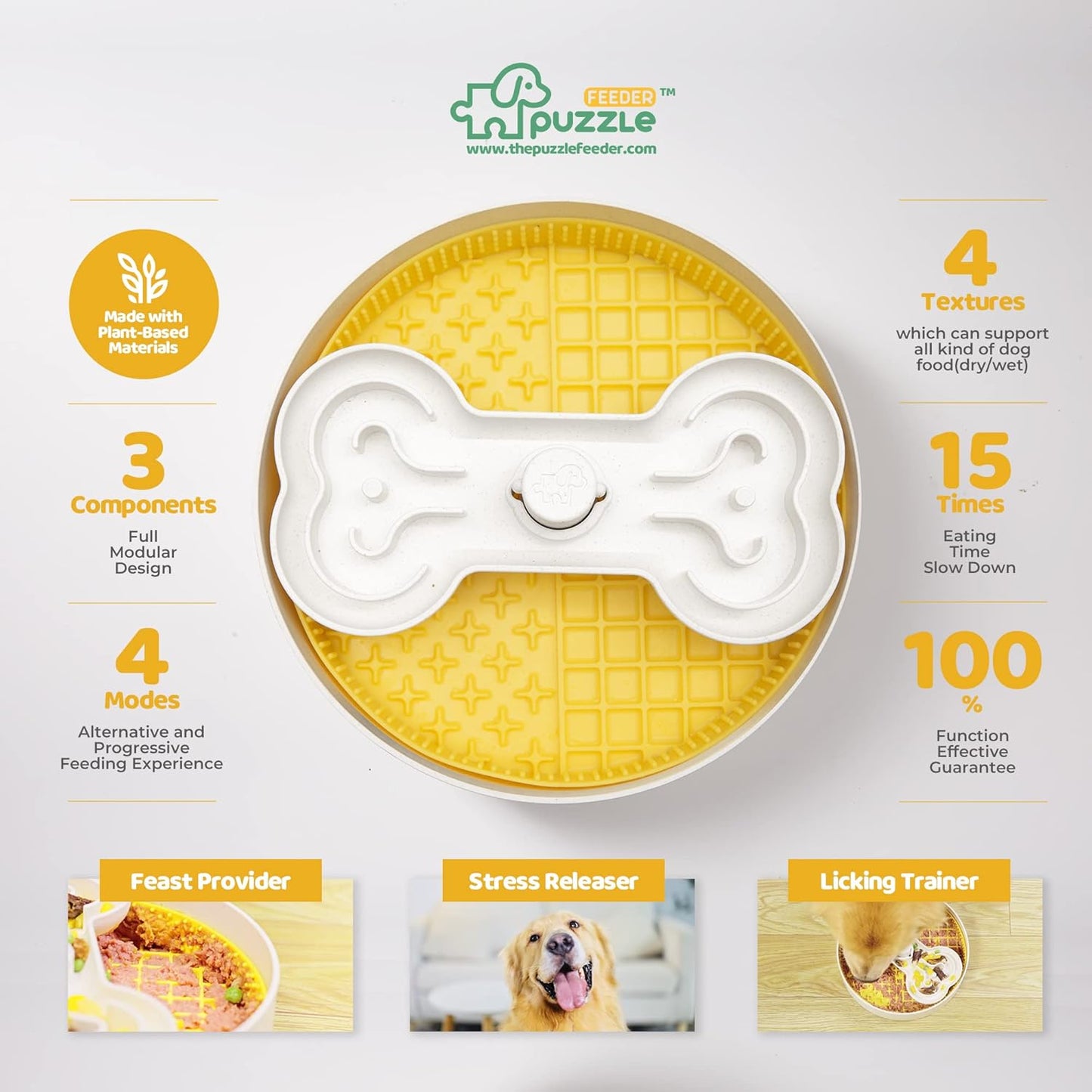Puzzle Feeder Slow Feeder Dog Bowl, Yellow, 9.8 Inches, Nonslip, For Dry, Wet, and Raw Food, Fun and Healthy Mealtime Activity