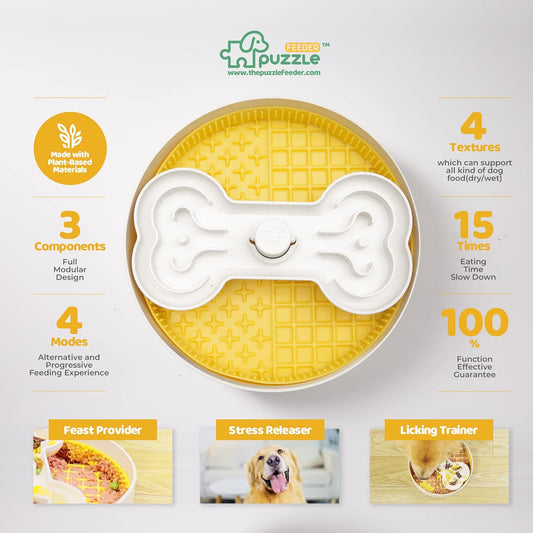 Puzzle Feeder Slow Feeder Dog Bowl, Yellow, 9.8 Inches, Nonslip, For Dry, Wet, and Raw Food, Fun and Healthy Mealtime Activity