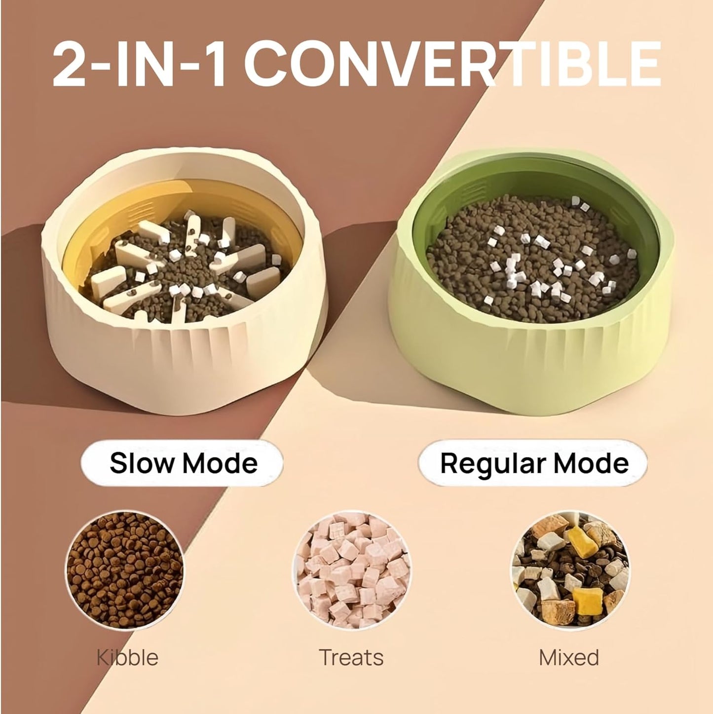 2-in-1 Convertible Slow Feeder Dog Bowl, Regular and Slow Mode for Fast Eaters, Anti-Bloat, Interactive Puzzle, Non-Slip for Small Medium Large Breed Dogs, Cats, Puppies, Pets, Creamy White