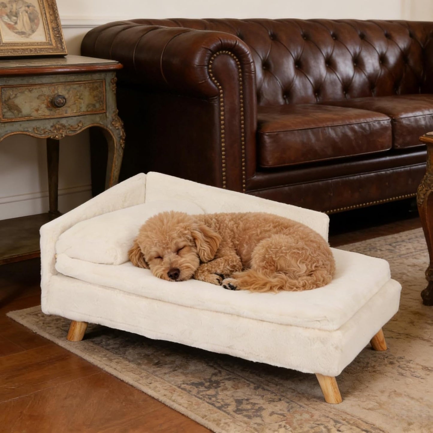 Elevated Dog Bed Couch Sofa: Wooden Dog Chair with Bolster Cushion for Small Dogs Cats Cute Pet Chaise Soft Cushion Washable, 31.7 x 18.9 Inches