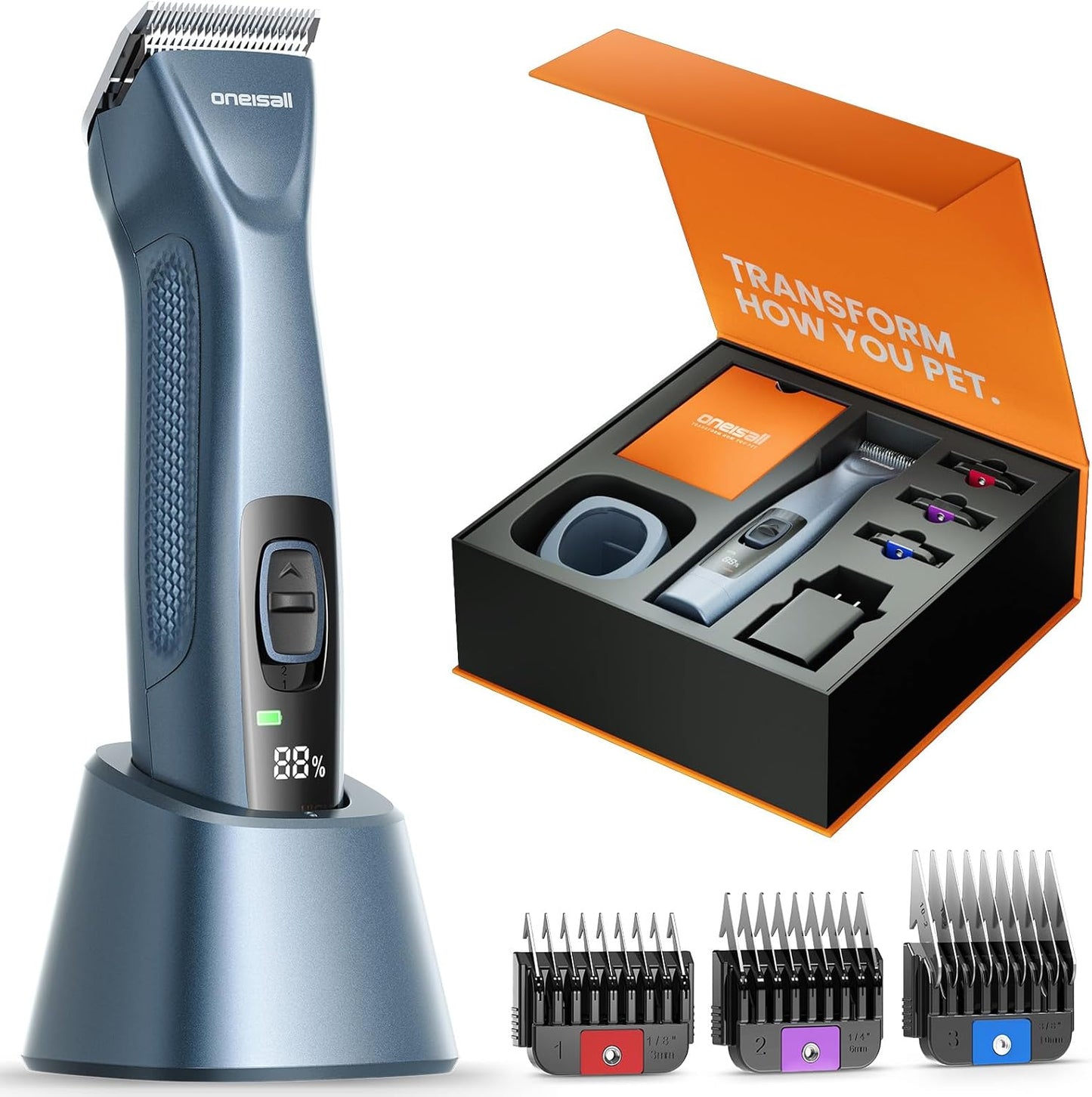 oneisall Professional Cordless Clippers for Groomers, Heavy-Duty Dog Clippers for Thick Coats Doodles, 2-Speed Upgrade Motor, Detachable Batteries, Carbon Steel Blade（Blue）