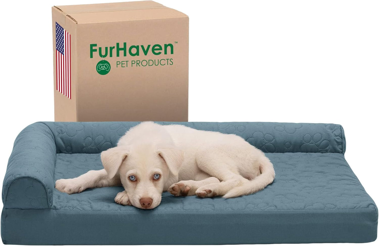 Furhaven Memory Foam Dog Bed for Medium/Small Dogs w/ Removable Bolsters & Washable Cover, For Dogs Up to 35 lbs - Pinsonic Quilted Paw L Shaped Chaise - Bluestone, Medium