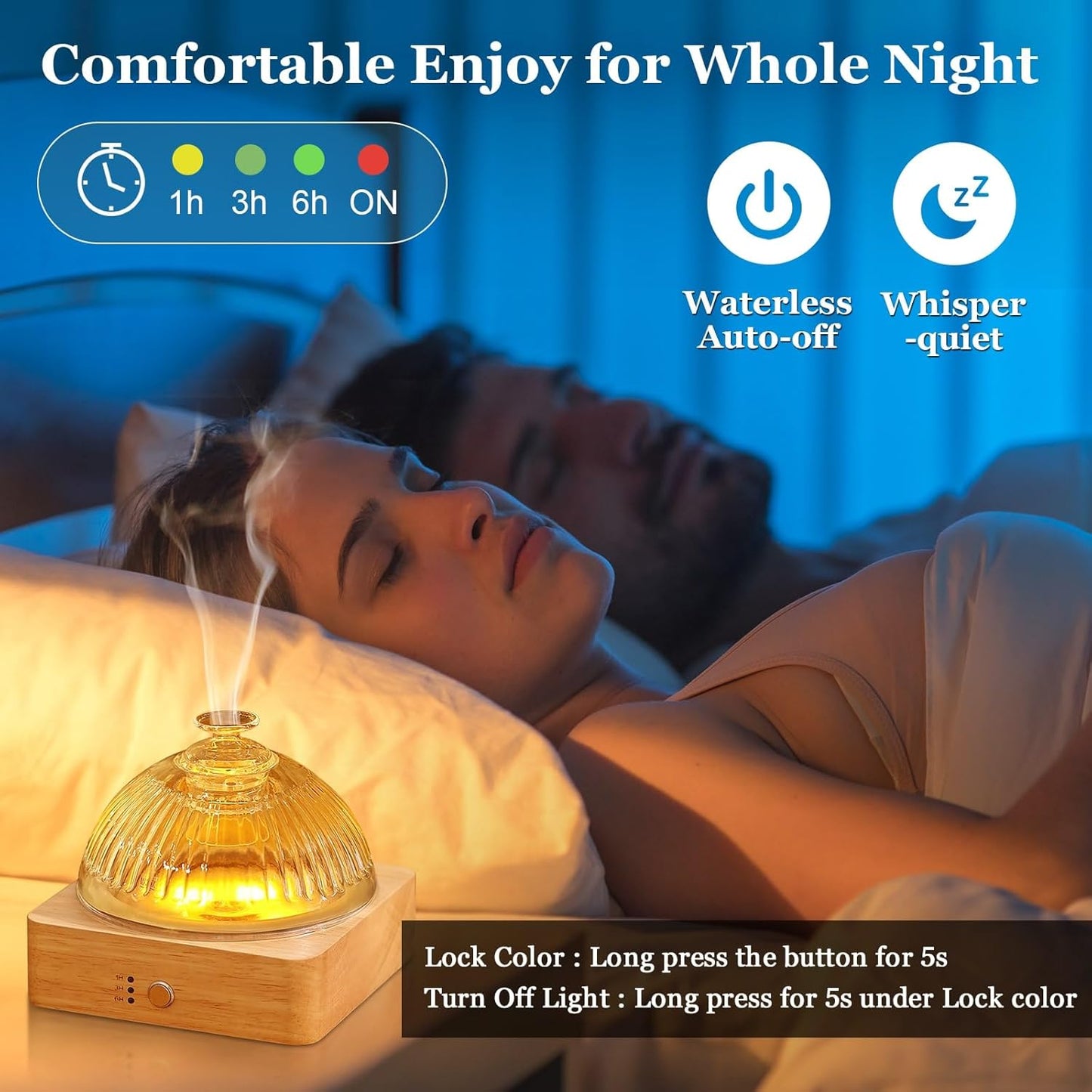 Glass Essential Oil Diffuser with Glass Reservoir & WoodBase, 200ml Ultrasonic Lock Color Timer Auto-Off 7 Color Light Aroma Glass Dome Diffuser for Home Office Bedroom Yoga