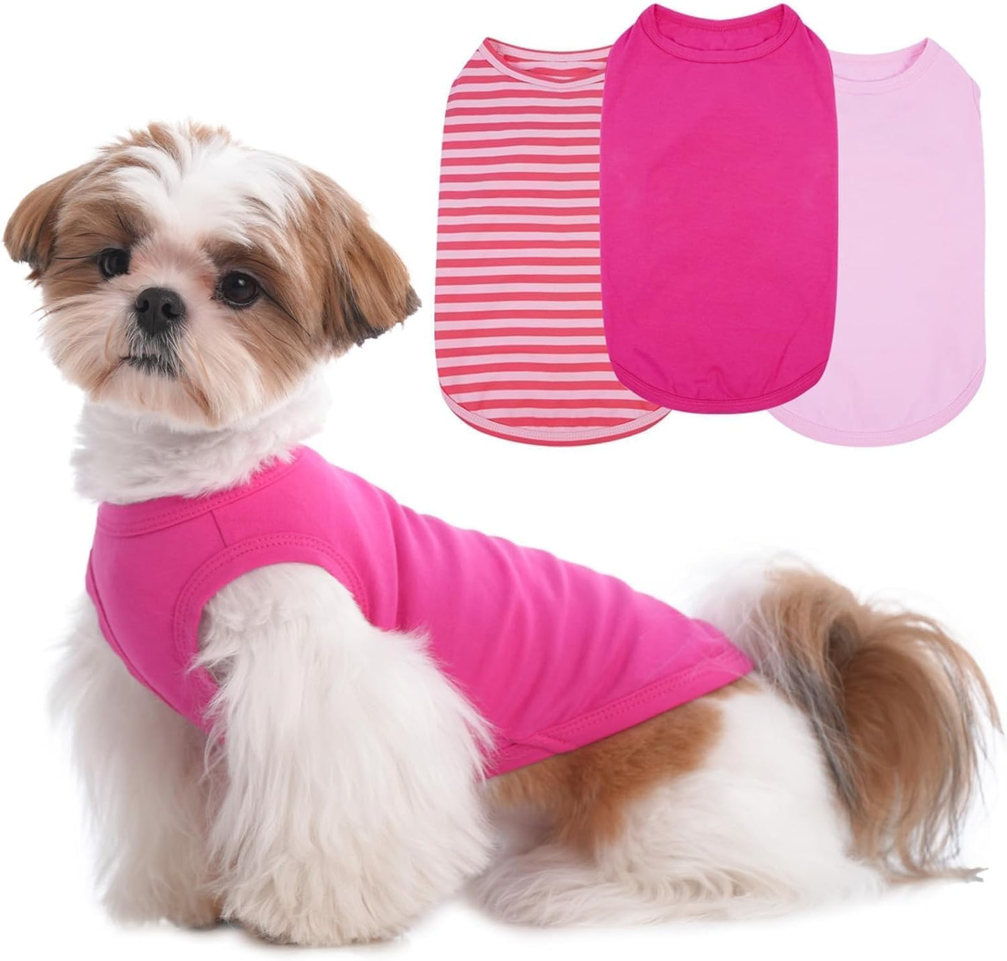 3 Pack Pink Striped Dog T-Shirt for Small Dogs,Sleeveless Shirts Set for Spring,Summer Sun Protection,Lightweight for Park Walking,Striped & Solid Tank Top Set,Shih Tzu(Pink,S)