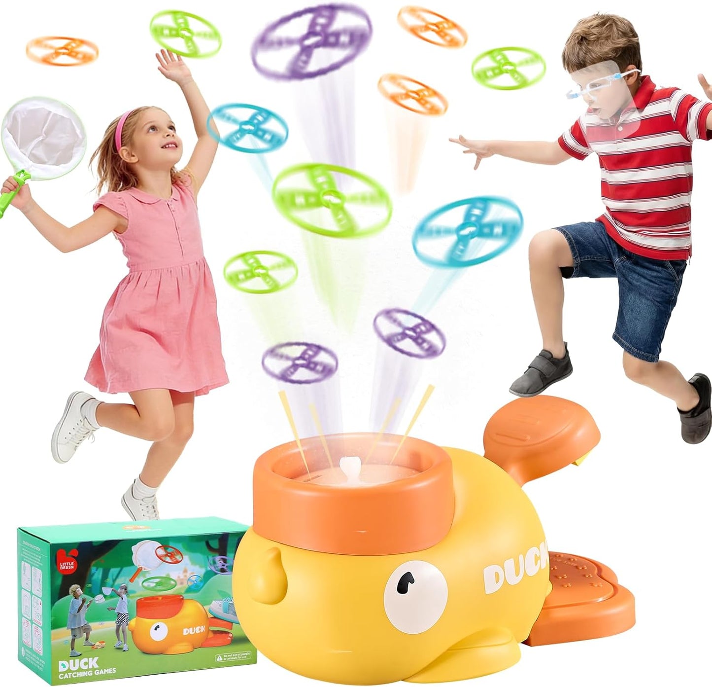 Duck Flying Disc Launcher for Kids: 12 Piece Flying Discs Launcher Throw and Chasing Catching Games - Outside Toys Kids Ages 3-5 6-8 Boys Girls Family Courtyard - Birthday Party Gift for Kids