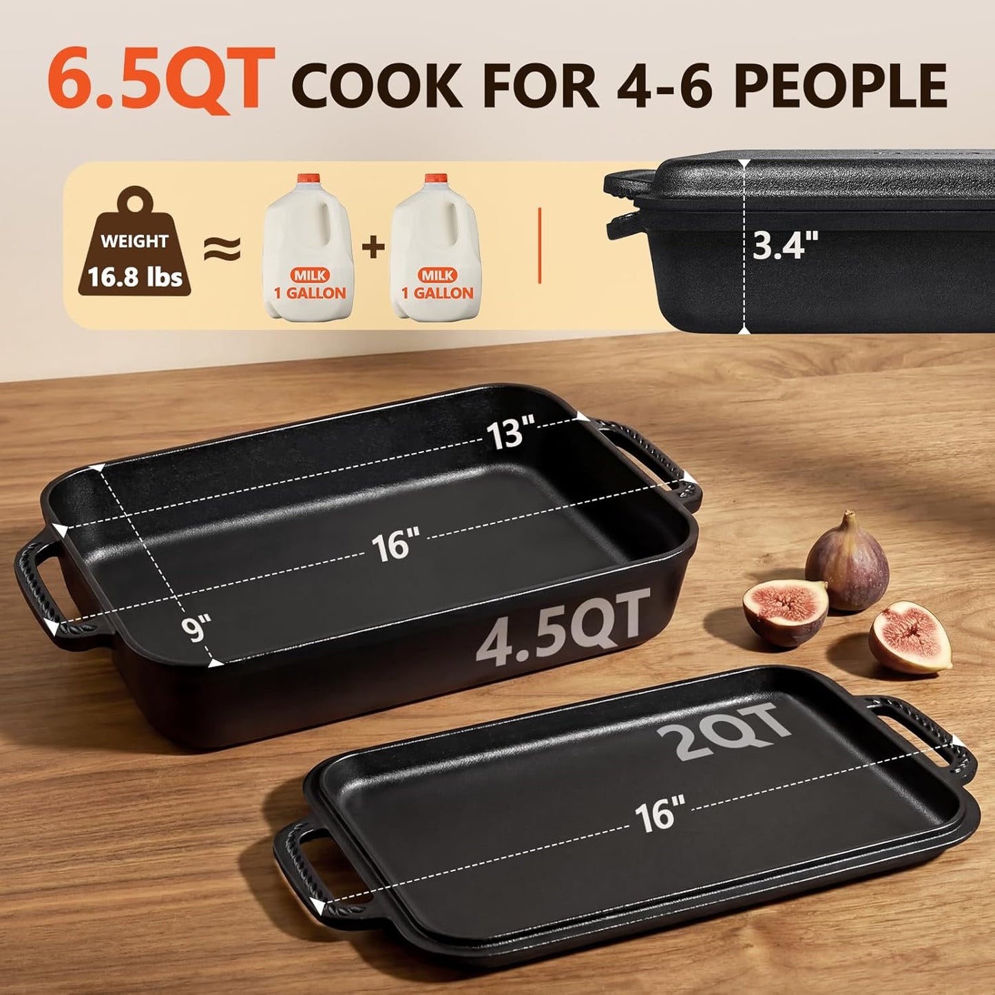 9x13" Casserole Dishes for Oven with Lids - 2-In-1 Pre-Seasoned Cast Iron Baking Dish for Lasagna, Sourdough Bread