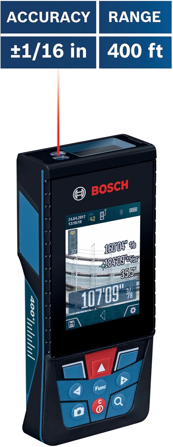 BOSCH GLM400CL 400 Ft Blaze Outdoor Connected Laser Measure, Includes 1.0 Ah 3.7V Lithium-Ion Battery & Charger, Micro USB Cable, Hand Strap, & Pouch