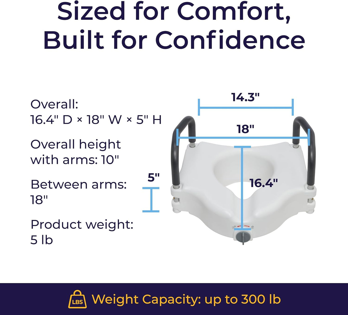Drive Medical 2-in-1 Raised Toilet Seat with Removable Padded Arms - Elevated Bathroom Safety Support - Secure Locking Attachment - Easy Height Assistance - Durable Construction, Standard Toilets