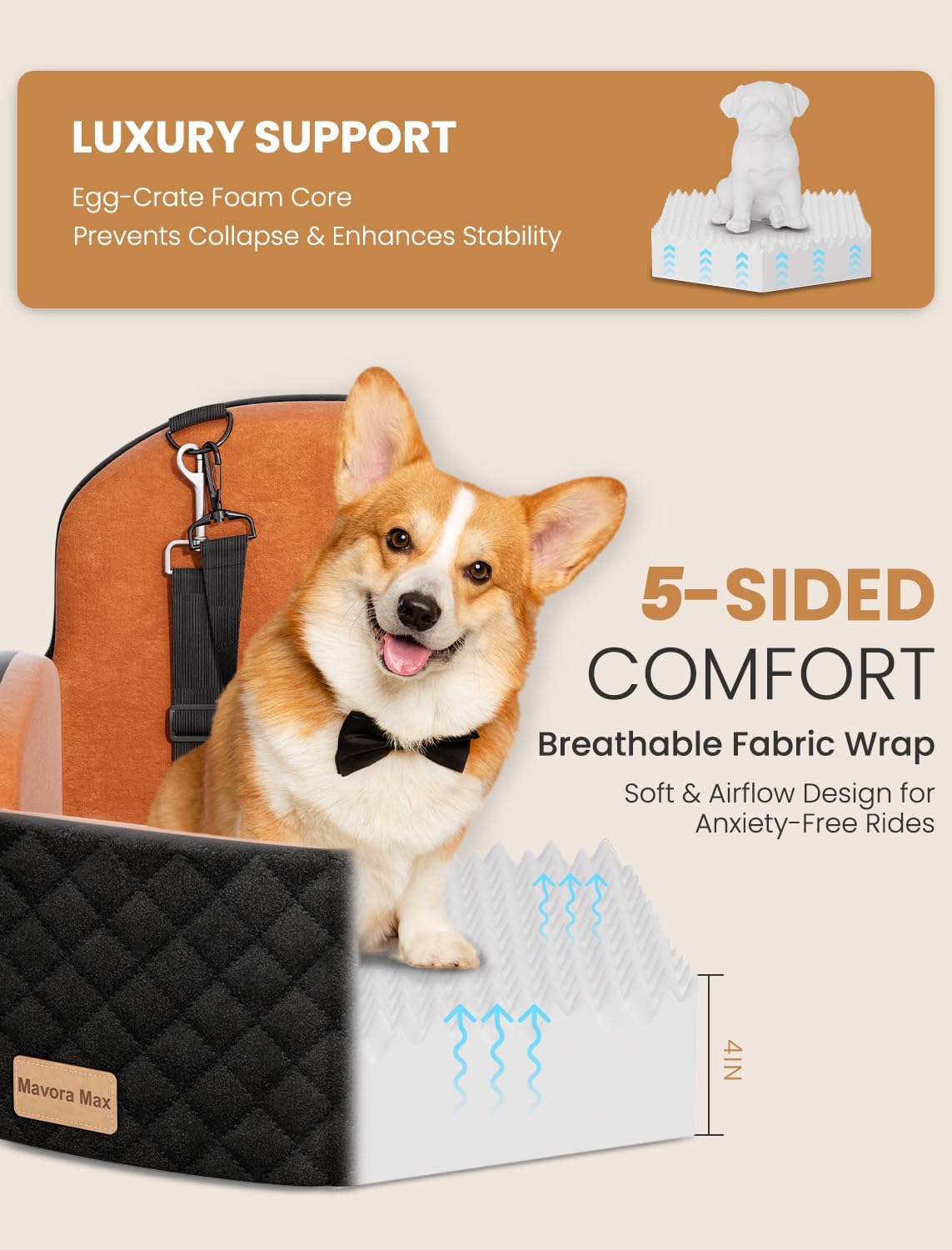 Dog Car Seat for Small/Medium Dogs, Elevated Dog Booster Seat Memory Foam Puppy Car Seat with Washable Cover, Travel Safety Pet Seat for Car with Storage Pockets Up to 35 lbs (Black/Brown)