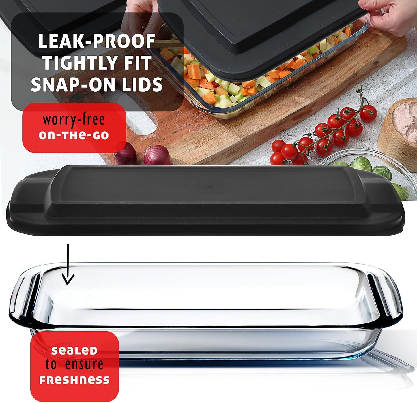 EATEX 8-Piece Deep Glass Casserole Dishes for Oven with Plastic Lids, Glass Baking Dishes for Oven, Rectangular Bakeware for Lasagna, Cooking, Leftovers, Kitchen, Freezer to Oven Dishwasher Safe
