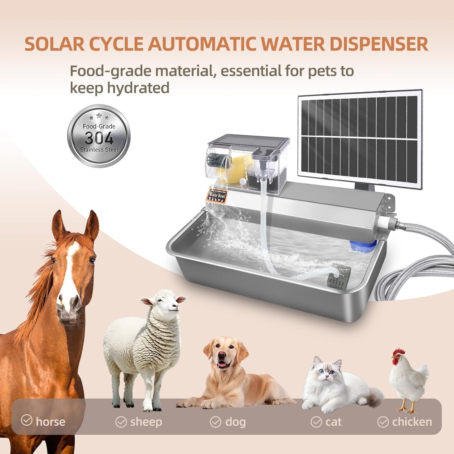 Automatic Water Dispenser for Dogs 2 Gallons, 304 Stainless Steel Solar Circulating Water Bowl for Pet Dog Cat and Livestock, 3/4" GHT Faucet Adapter - Indoor & Outdoor Use