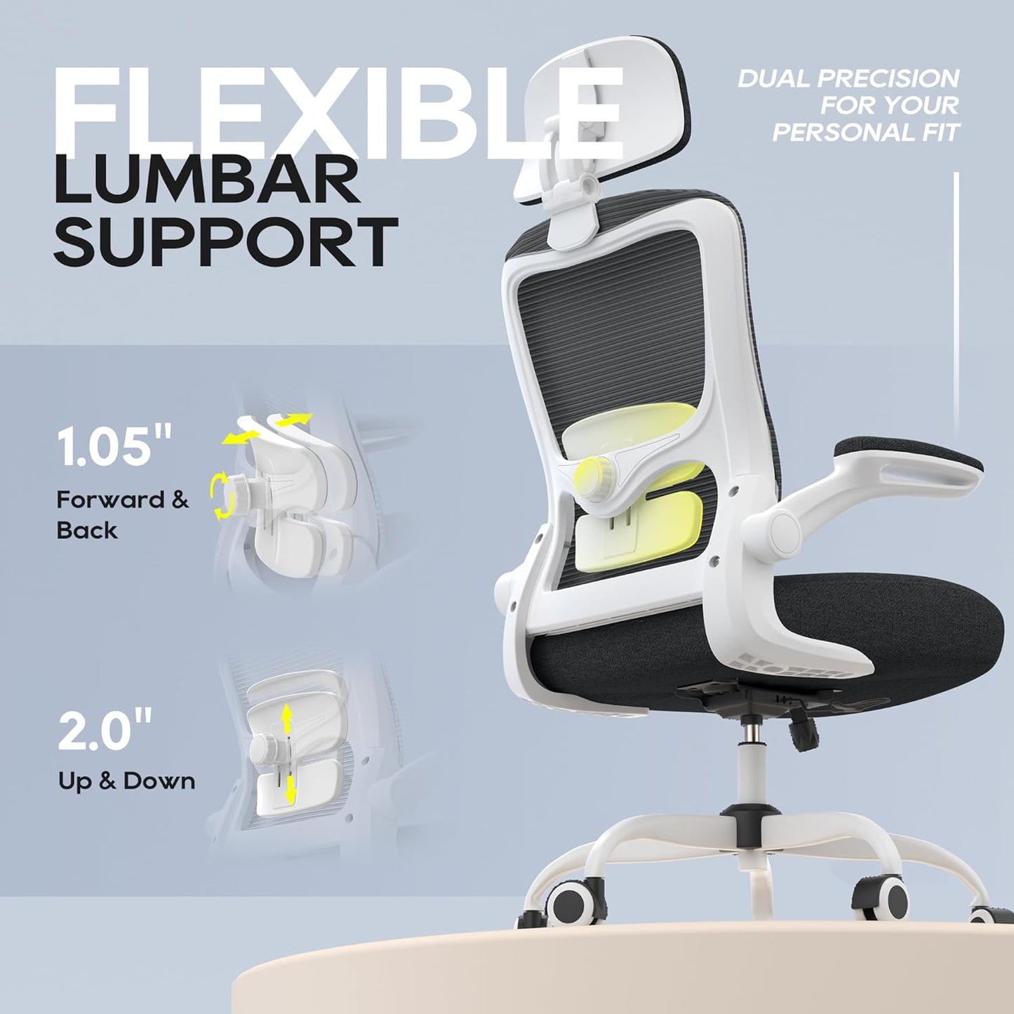 Ergonomic Office Chair, High Back Mesh Desk Chair with Adjustable Lumbar Support & Headrest, Flip-up Armrest, Computer Task Chairs for Home and Executive Office (W-Black)