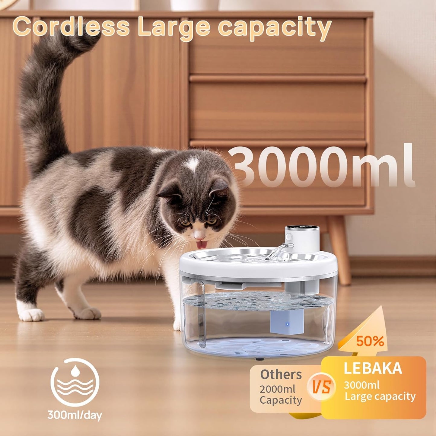 Wireless Cat Water Fountain with Stainless Steel Tray, 102oz/3L Pet Water Fountain for Cats Inside, Cat Fountain for Drinking with Motion Sensor, Ultra Quiet Pump, Cats & Dogs Gifts-8Filters