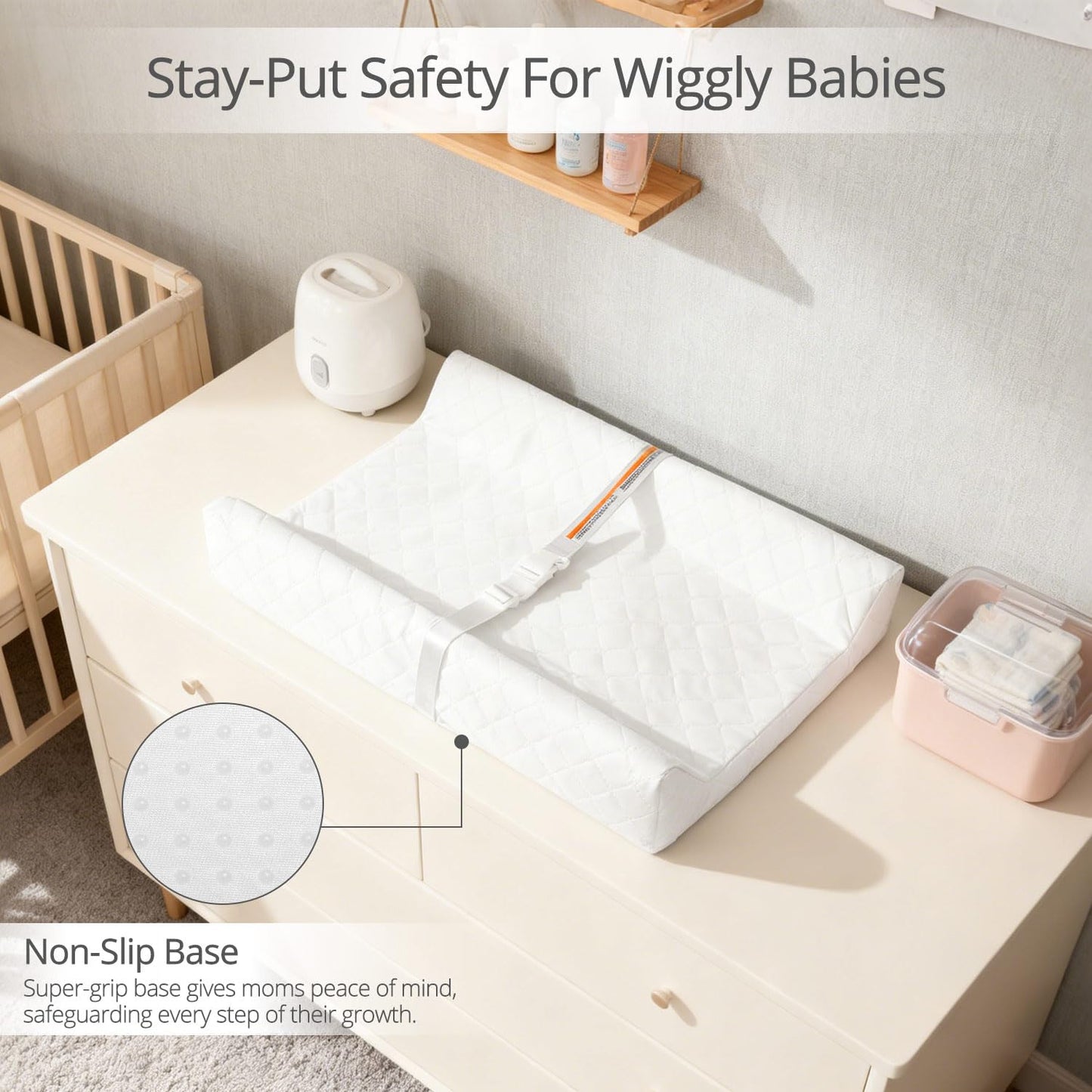 Waterproof Baby Changing Pad, Non-Slip Wipeable Diaper Changing Mat with Safety Strap 32x16 Inch Infant Diaper Change Pad Suitable for Dresser & Table