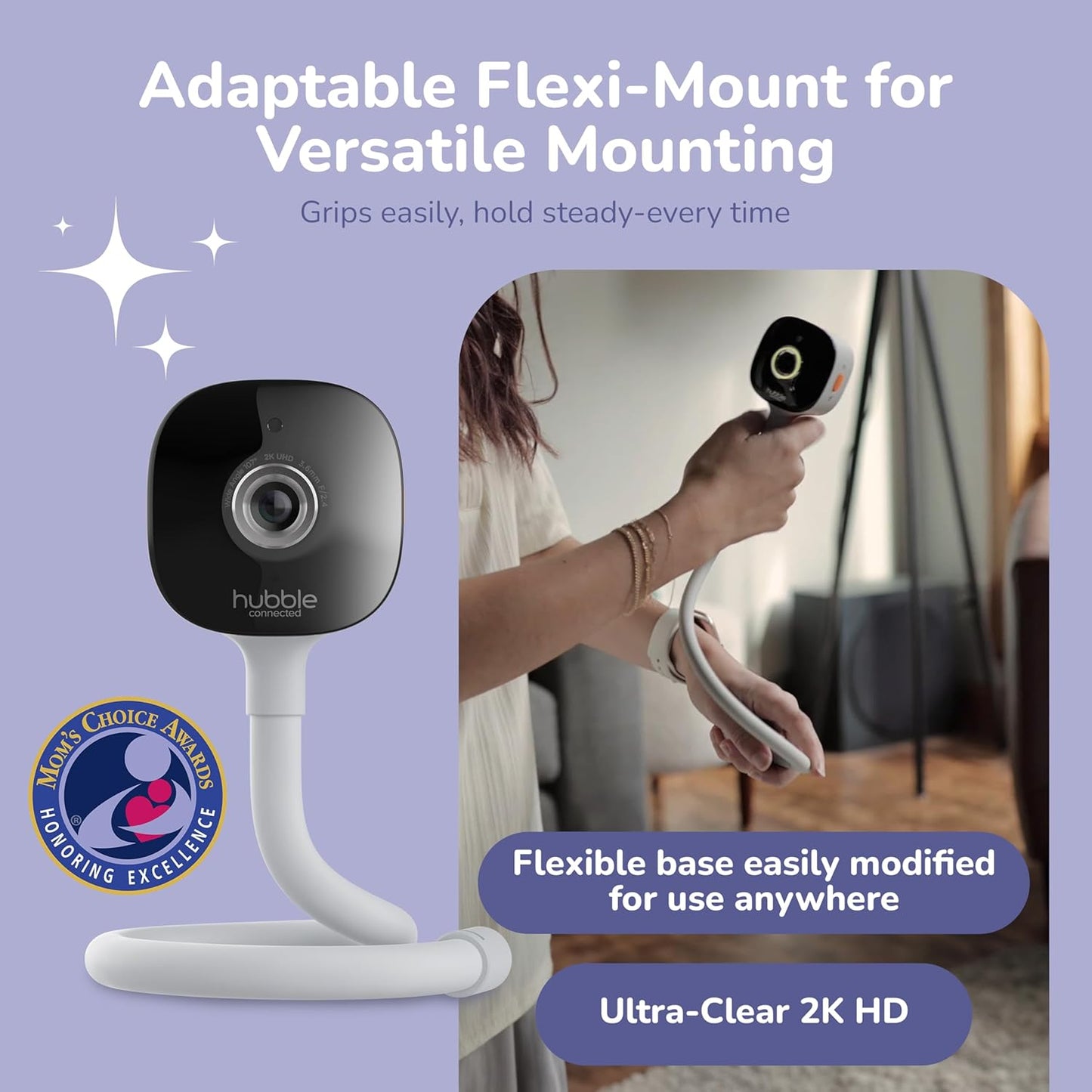 HUBBLE CONNECTED GoBaby AI - 2K HD Baby Monitor Camera w/Advanced AI Monitoring, Covered Face & Rollover Detection, True Cry Alerts, Sleep Training & Smart Soother — w/Flexible Mount