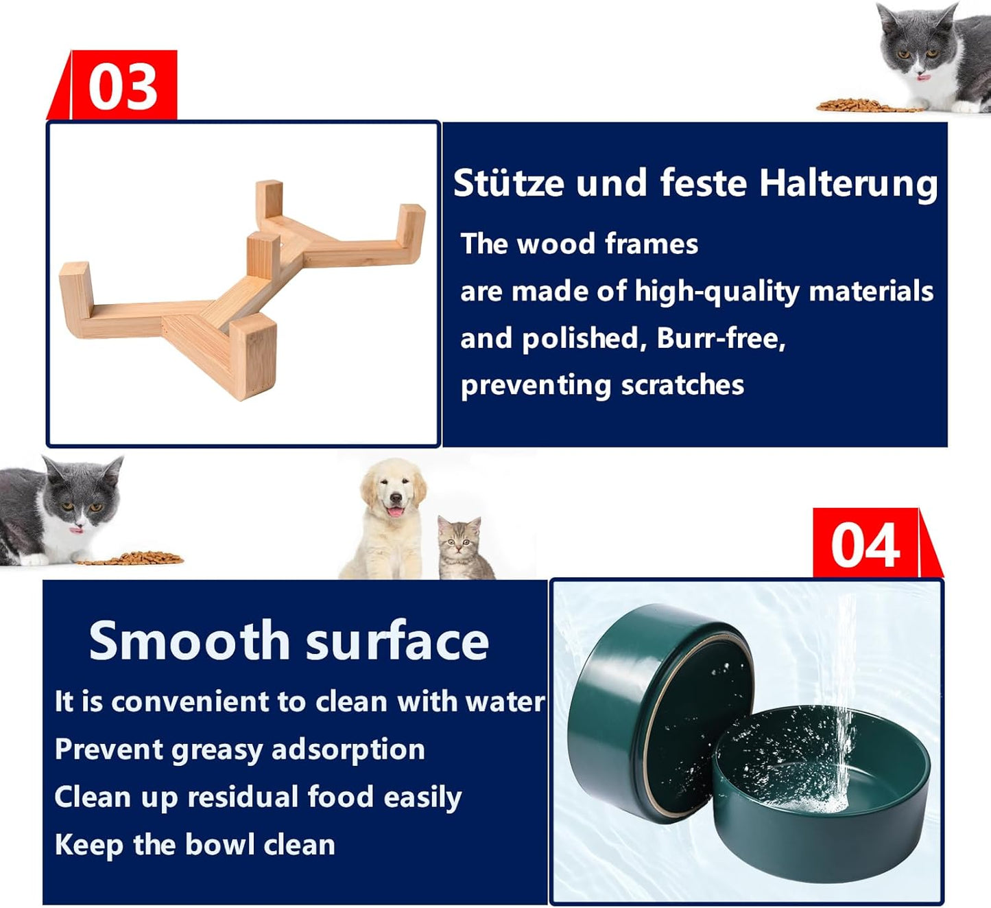 Elevated Ceramic Cat Bowl, Dog Bowl, 400 ml/13.5 oz Pet Food Bowls with Wood Stand Anti-Slip Design for Cat Dog
