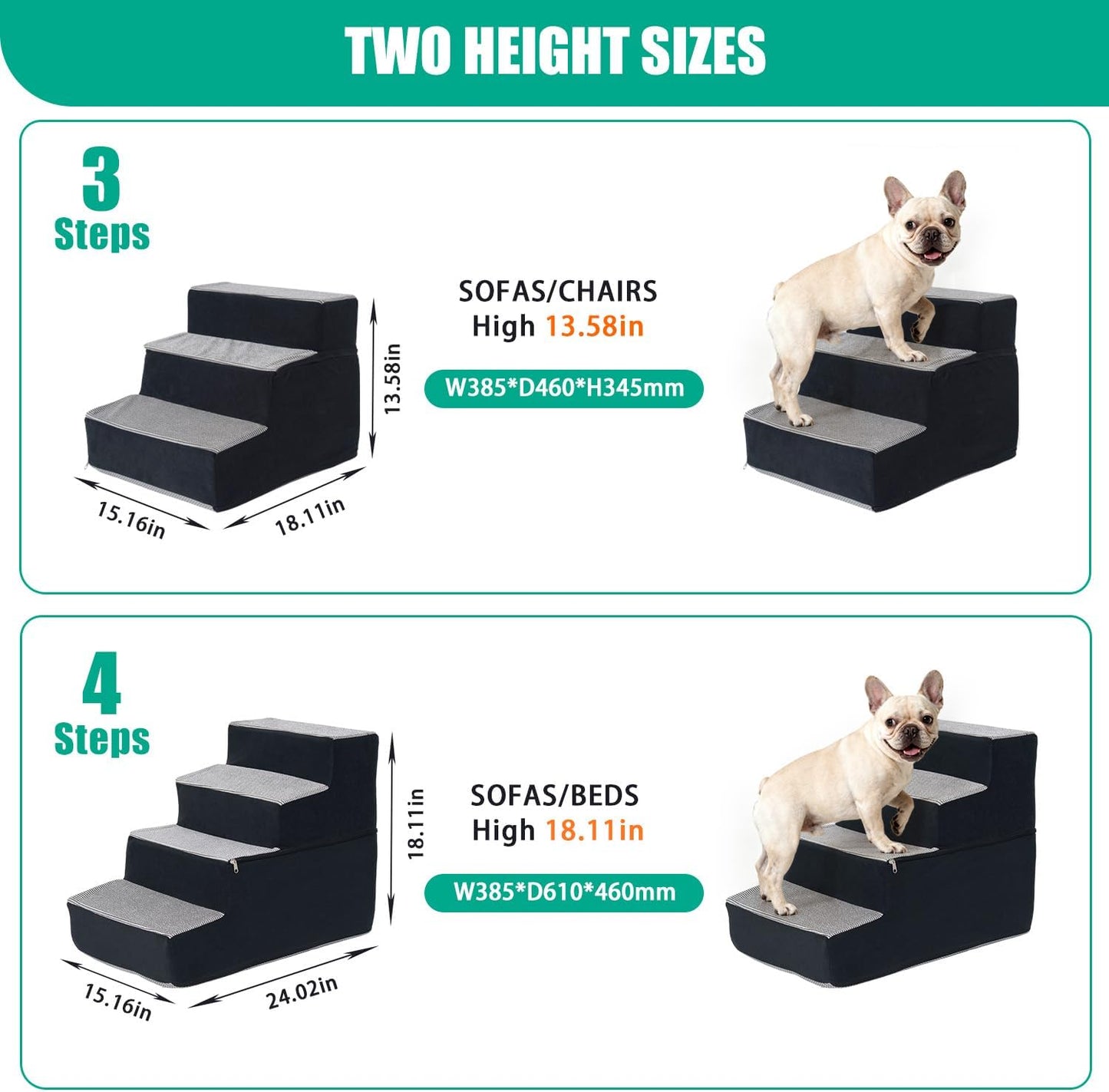 Dog Stairs for Small Dogs 18" H, Non-Slip Pet Stairs Ramp for Small Medium Dogs and Cats, Doggy Steps for Bed, Couch or Chair, High Density Foam Indoor (Grey, 15"x24"x18", 4)