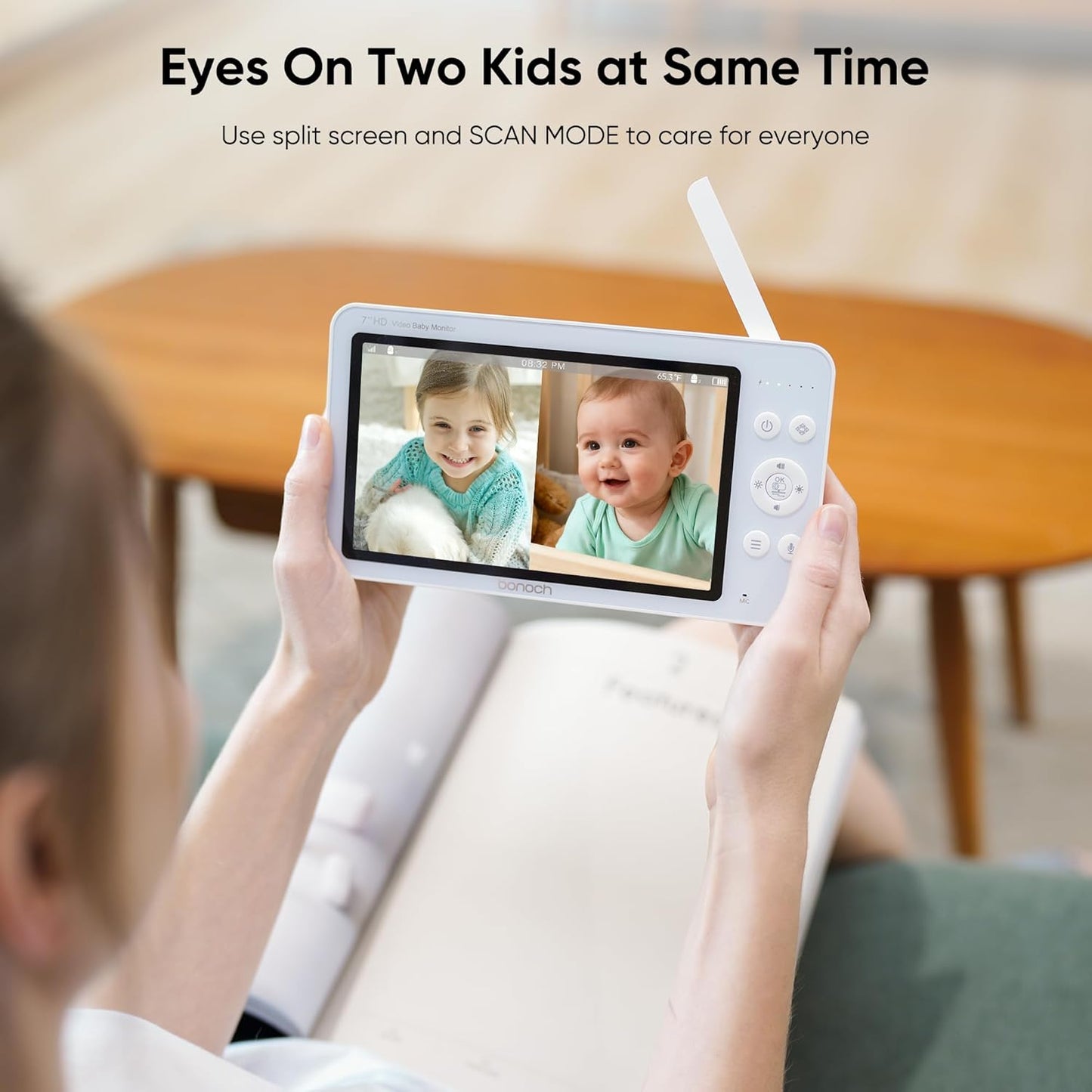bonoch Upgraded 1080P Baby Monitor with 2 Cameras, 7" MegaView Split Screen Baby Monitor No WiFi, Dual Video Monitor with Camera and Audio, 6000mAh, White Noise, 2 Way Audio, PTZ, Night Vision
