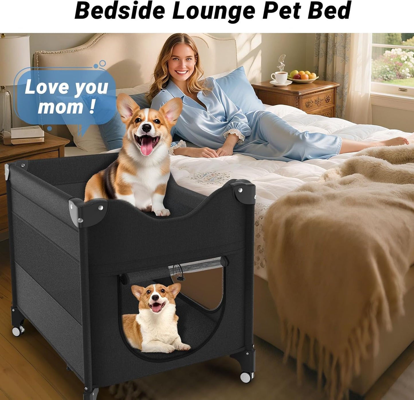 Upgraded Dog Bunk Bed, Portable Bedside Lounge Pet Bed, Dog Beds Attachment to Human Bed, Bedside Dogs Bed for Small, Medium Cats & Dogs, Pet Window Perch- Black
