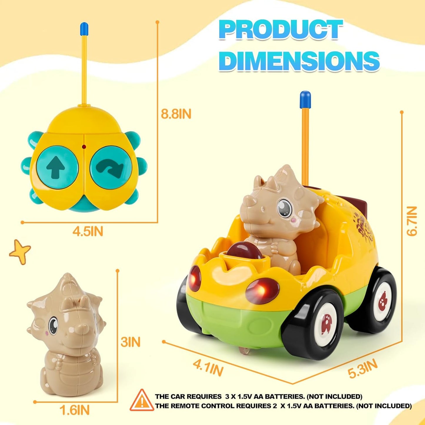 Remote Control Dinosaur Car Toy for Toddlers - Birthday Gift for Boys Ages 18+ Months, 2 3 4 5 Year Old - RC Dino Vehicle with Lights and Music, Easy Control Toy for Kids