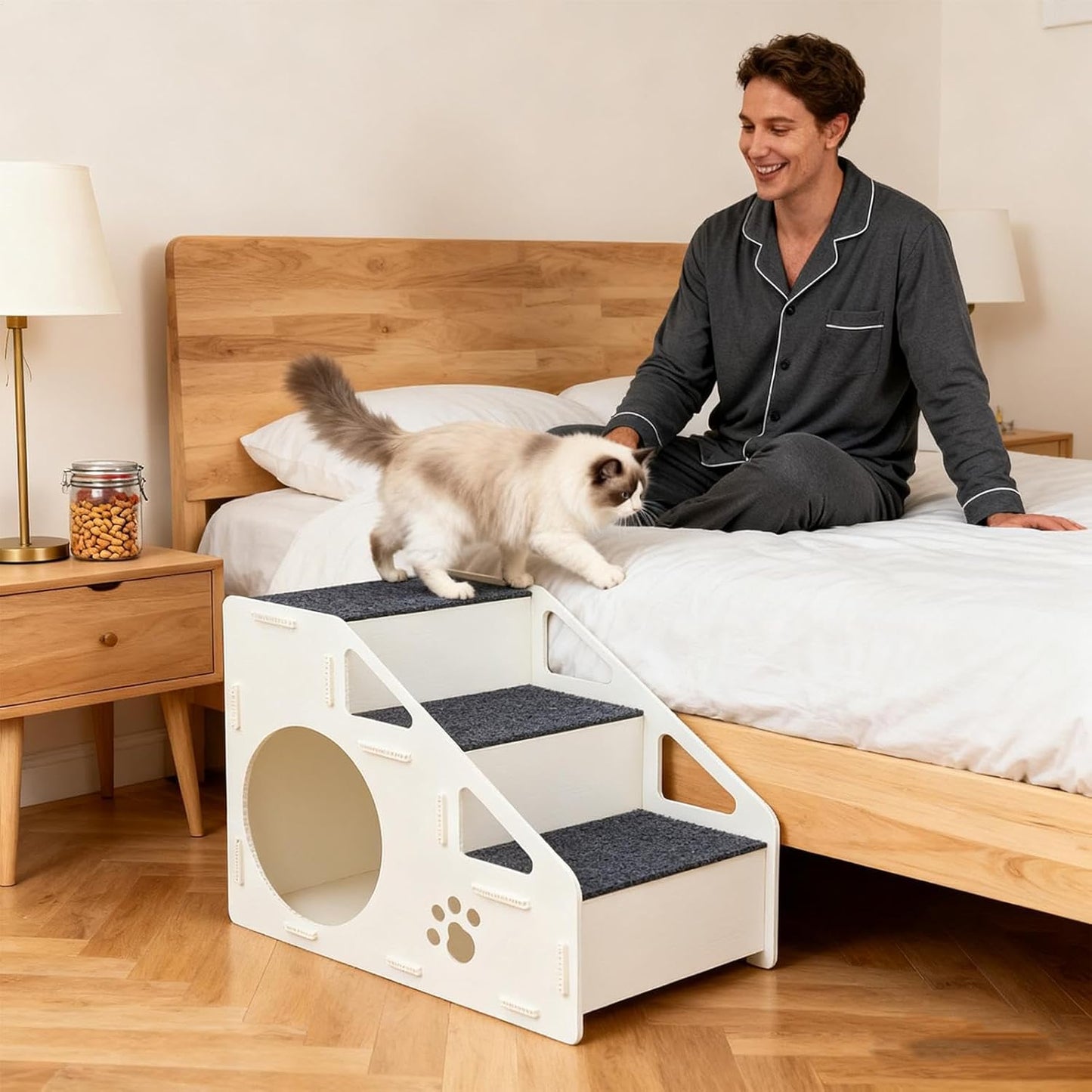 Pet Steps - 4-Step Non-Slip Cat and Dog Stairs with Built-in Cave Ramp, Soft Climbing Aid for Small Medium Large Pets, Ideal for Bed, Couch, Sofa, or Play Area, Safe Indoor Furniture