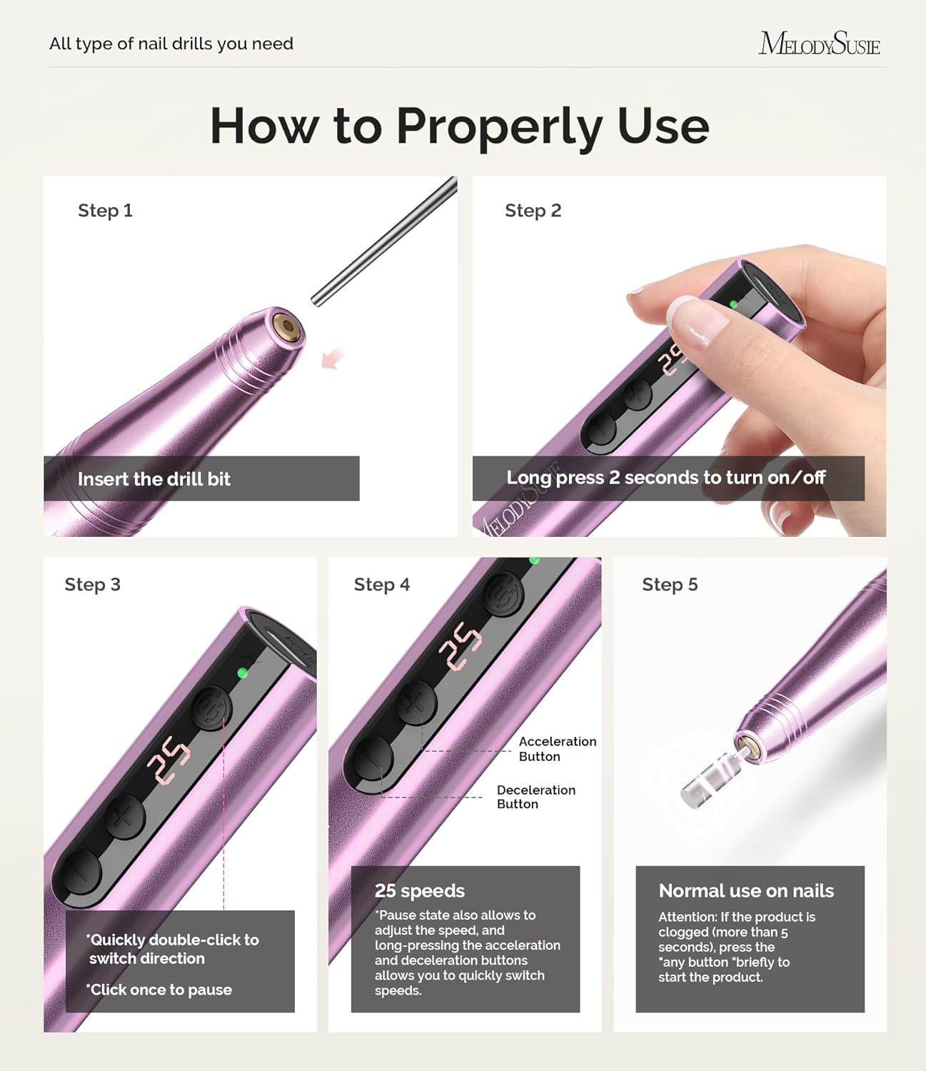 MelodySusie Pen-Shaped Portable Cordless Nail Drill, PC180F 25000RPM Rechargeable Electric File with LED Display for All Nail Care, Manicure Shaping & Acrylic Gel Removal for Nail Artists DIY at Home