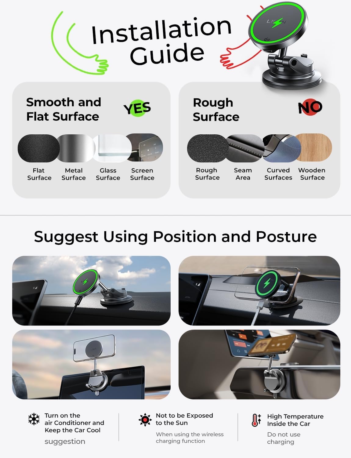 LISEN 15W Magsafe Car Mount Charger, Suction Cup Phone Mount, Magnetic Wireless Car Charger, Vacuum Magnetic Phone Holder Car Mount for iPhone 17 Pro Max 16 15 14 13 12, Samsung S26/S25, Pixel 10 Pro