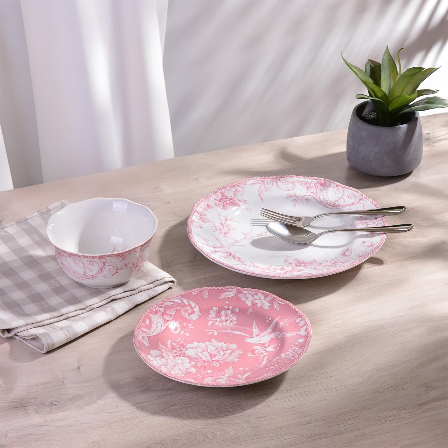222 Fifth Adelaide Blush 12-Piece Pink Porcelain Dinnerware Set – Service for 4, Big Dinner Plates and Bowls Sets, White with Pink Floral Pattern, for Daily Entertainment, Microwave & Dishwasher Safe