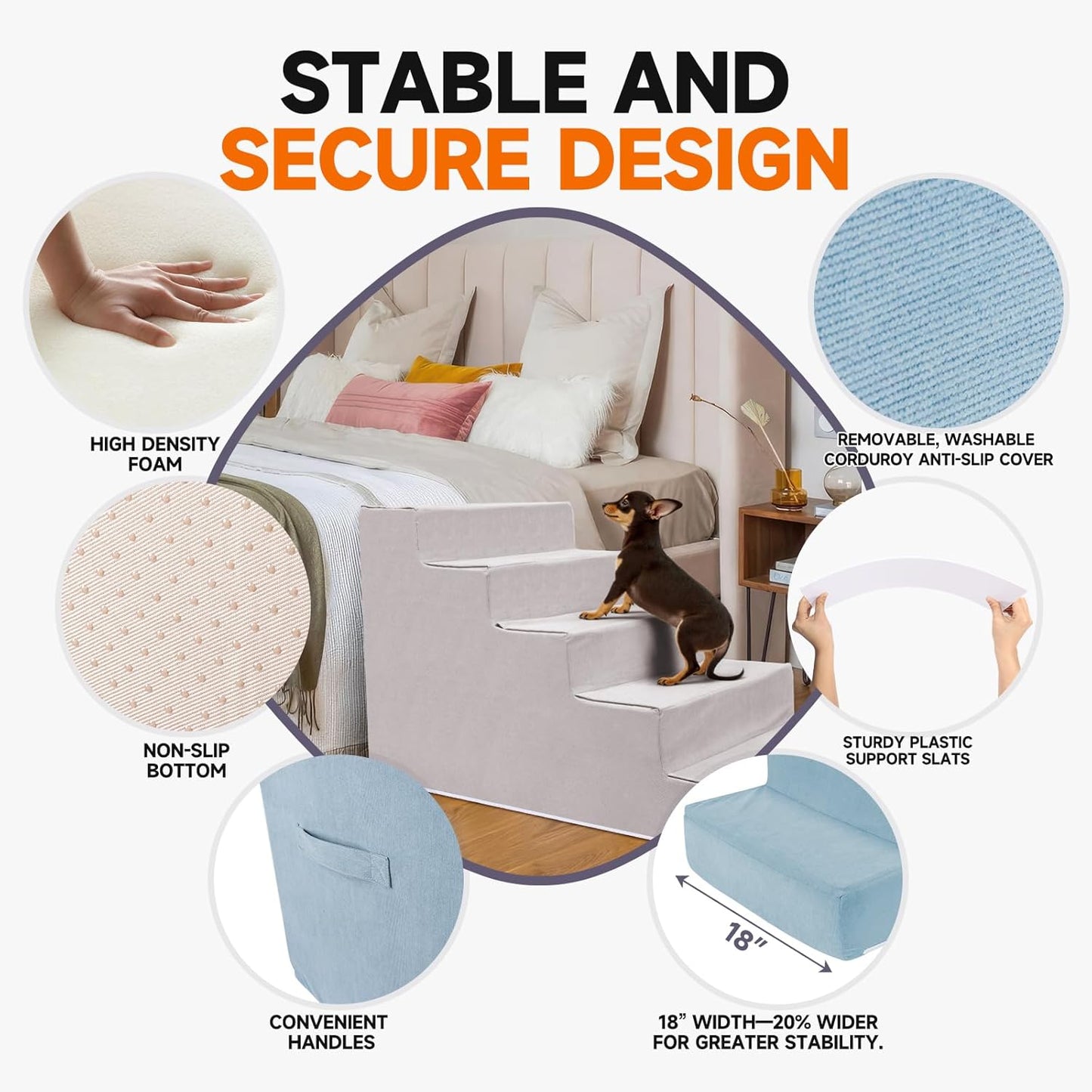 Pet Stairs for Small Dogs & Cats - 3/4/5 Steps, Non-Slip Extra Wide Design, Gentle Angle for Joint Protection, High Density Foam, Washable Cover, Fits Beds & Couches, 5 Steps-Warm Pink