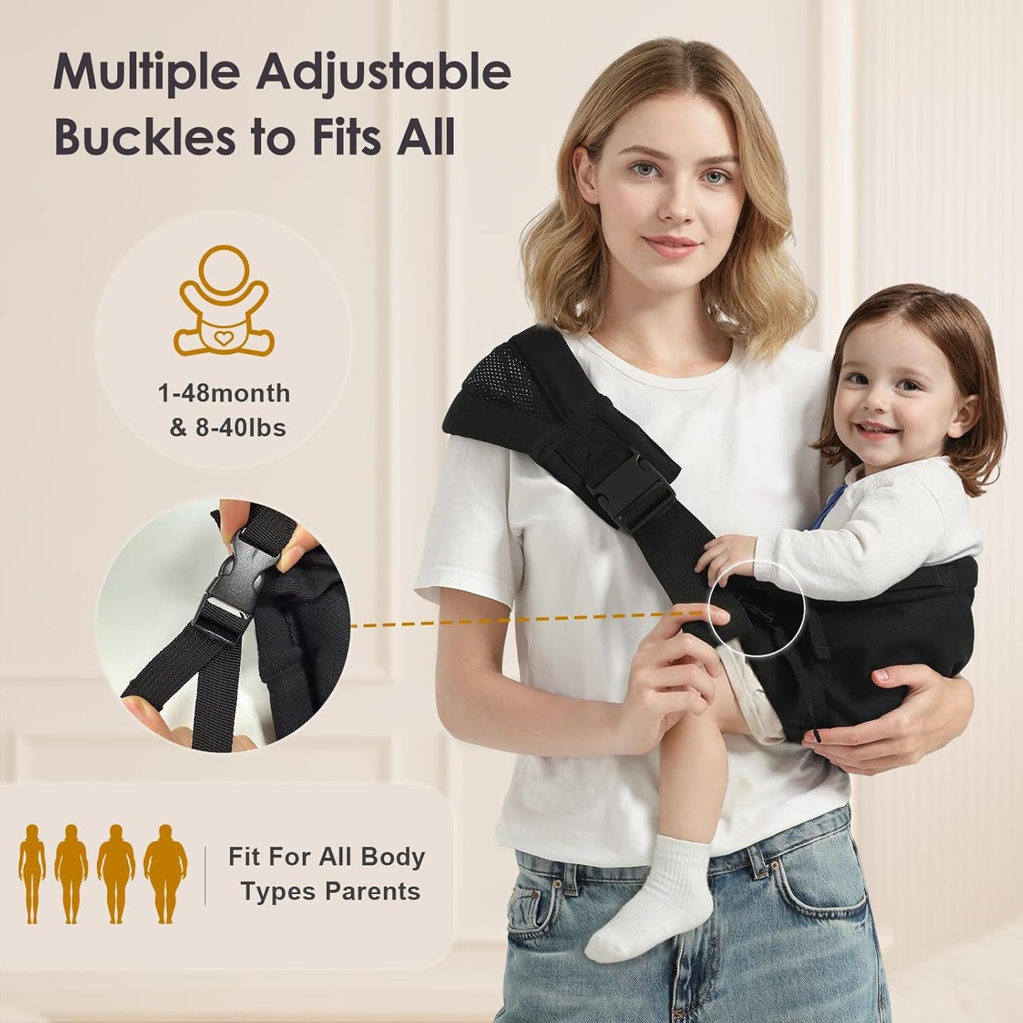 Toddler Sling Carrier, Adjustable Baby Carrier Sling 8-40 lbs, Lightweight Toddler Carrier Baby Sling Carrier, Toddler Hip Carriers One Size Fits All, Black