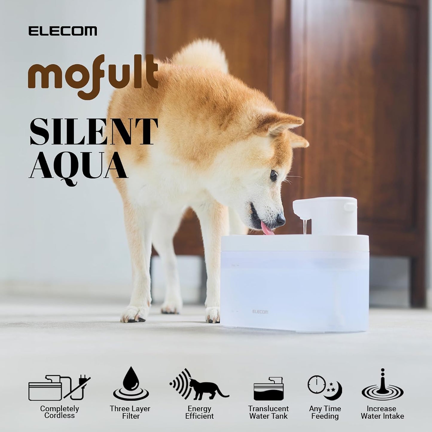 ELECOM Silent Cordless Automatic Pet Water Fountain, 2.5L Capacity, Motion Sensor & Timer Mode, Rechargeable 5200mAh Battery, 3-Layer Filtration, for Cat and Small Dog (White)
