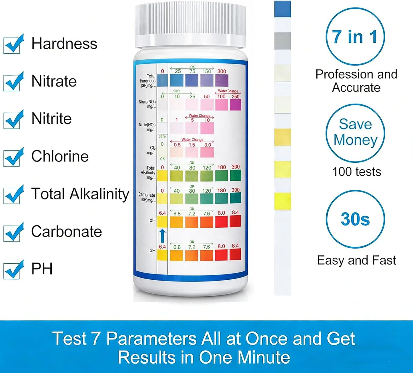 Aquarium Test Strips for Freshwater Fish: 7 in 1 Fish Tank Water Testing Kit for Aquarium Pond - Accurate Testing Nitrate Nitrite Hardness Free Chlorine pH Carbonate Total Alkalinity-100 Strips