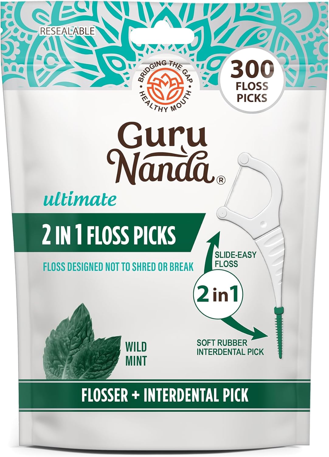 GuruNanda 2 in 1 Dental Floss Picks for Oral Care, PFAS Free – Non-Slip Grip, Slide Easy, No Break or Shred Flosser with Interdental Pick for Healthy Teeth & Gums – Mint Flavor, 300 Count (1 Pack)
