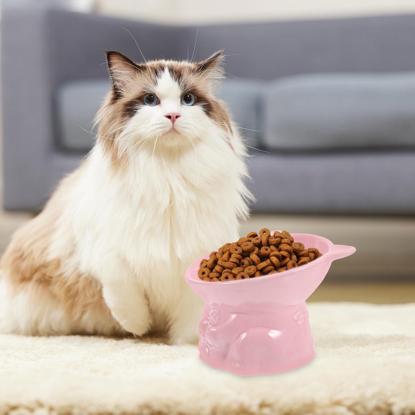 Milisten Elevated Tilted Ceramic Cat Food Bowl with Raised Stand, Fishbone Pattern Pink, Indoor Raised Feeding Dish for Cats to Protect Neck and Posture