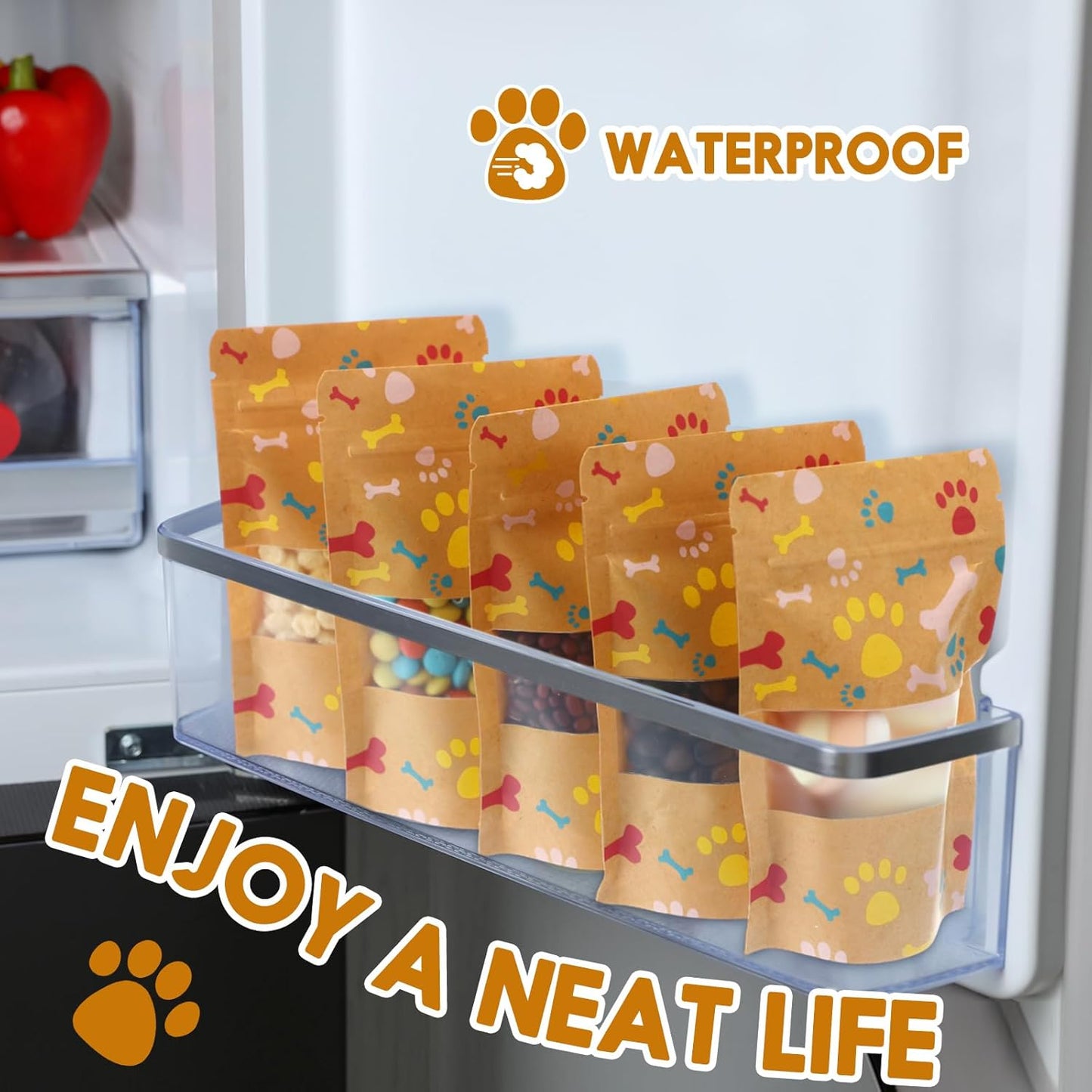 200 Pcs Paw Dog Treat Bags Puppy Party Favor 3.5" x 5.5" Paw Gift Bag Resealable Stand up Kraft Paper Zipper Pouch Dogs Packaging for Homemade Treats, Food-safe Material
