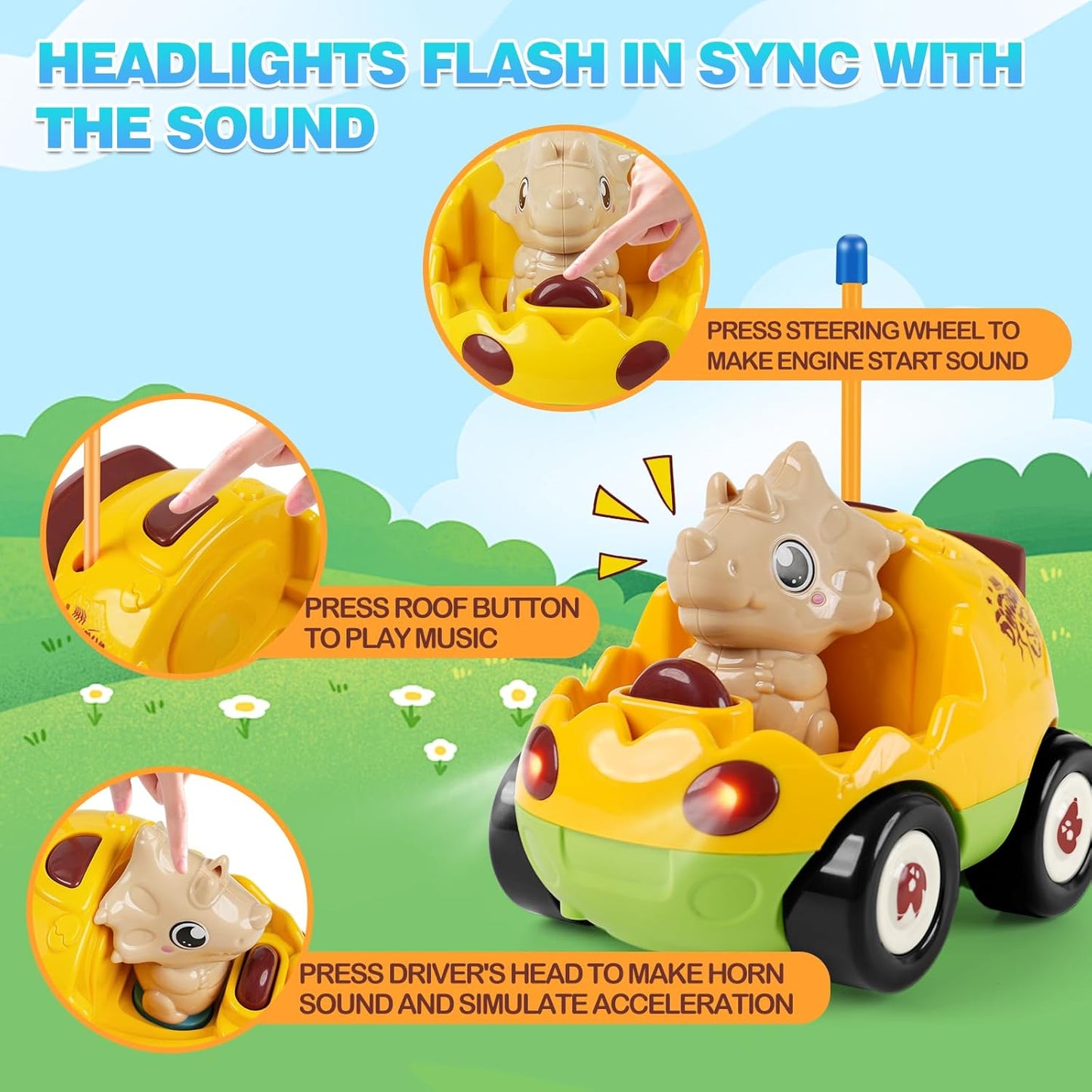 Remote Control Dinosaur Car Toy for Toddlers - Birthday Gift for Boys Ages 18+ Months, 2 3 4 5 Year Old - RC Dino Vehicle with Lights and Music, Easy Control Toy for Kids