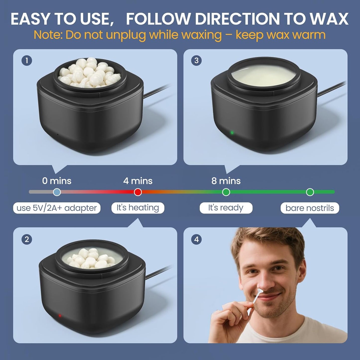 Nose Wax Kit Men, Nose Ear Hair Waxing Kit with 100g Wax, 40 Sticks, Nose Ear Hair Removal Kit, USB Fast Heat, Smart Constant Temp, Upgraded Size, Multi-Accessories, Black