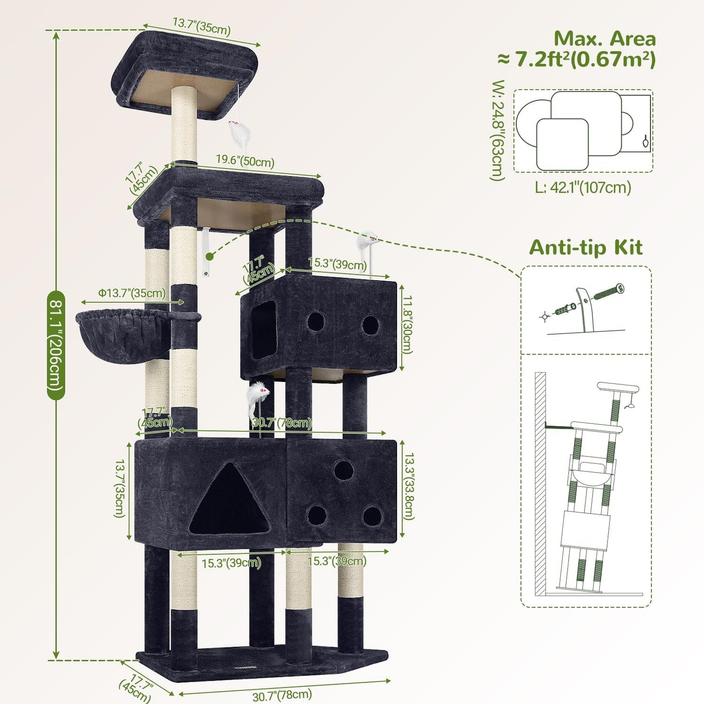 Globlazer Extra Large Cat Tower, 81-inch Tall Cat Tree for Big Cats 20 lbs, XXL Heavy Duty Cat Scratching Tower for Indoor Adult Cats with 3 Cat Condos, 8 Scratching Posts, F81, Dark Grey