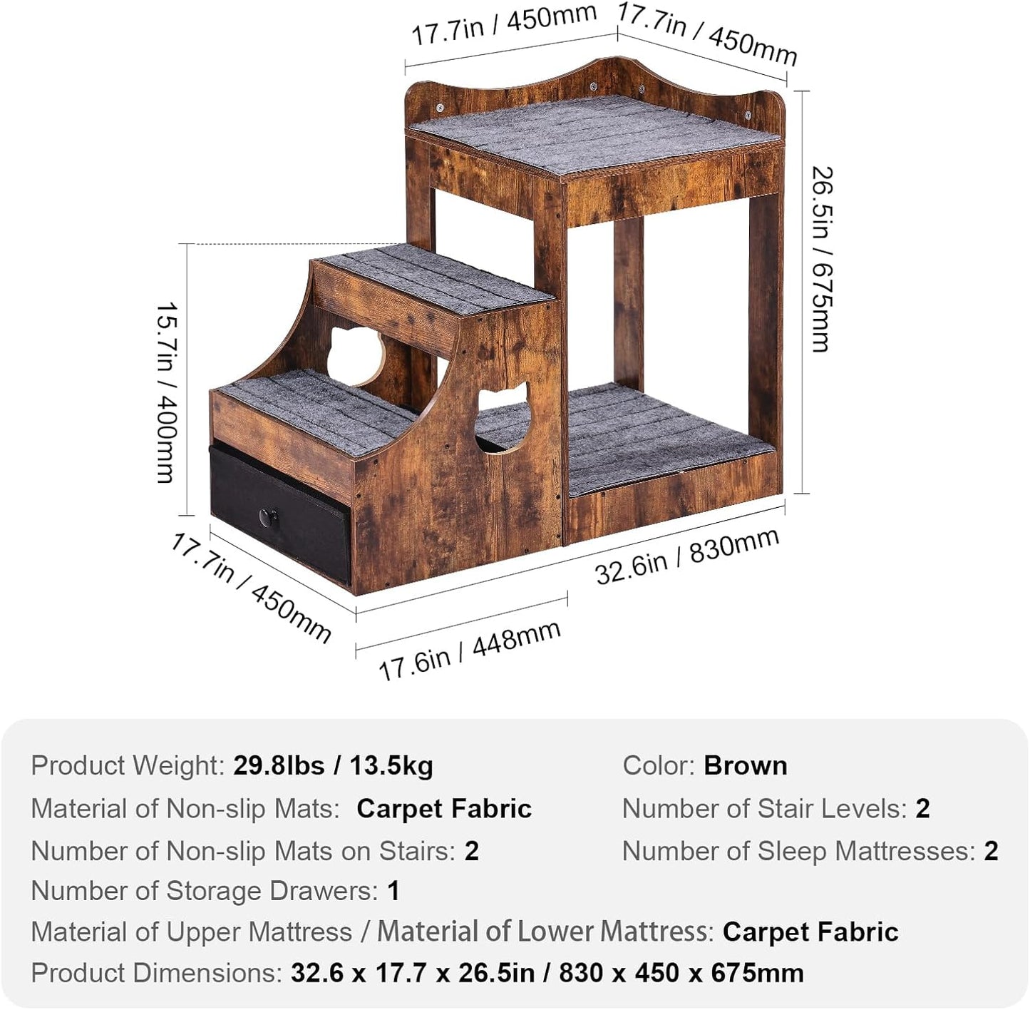 VEVOR Pet Bunk Bed with Removable Stairs, Dog/Cat Window Perch with Storage, Multi-Level Bed Window Perch Dog Bedside Sleeper Couch, Small Pet Seat Platform, Indoor Use (Rustic Brown)