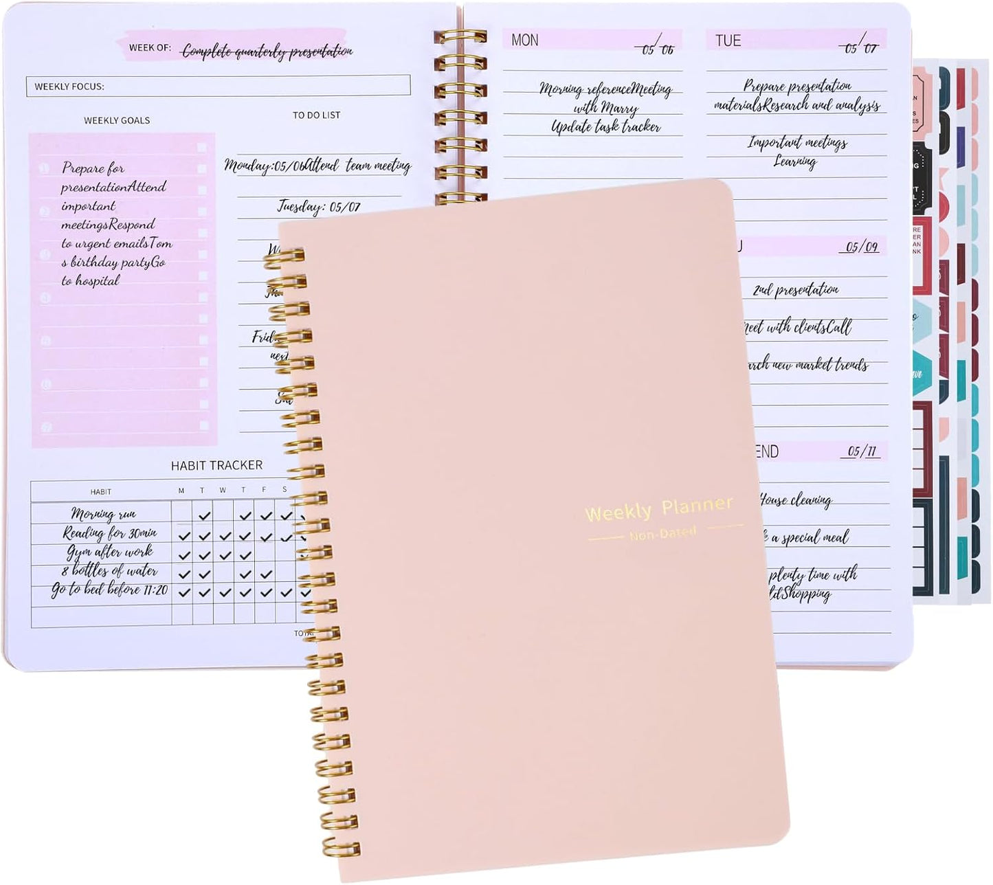 Undated Weekly Planner with Habit Tracker, 52 Weeks To Do List Notebook A5 Weekly Goal Planner with Spiral Binding & Stickers Home Work School Supplies for Women Girls 8.2" x 5.7" - Pink