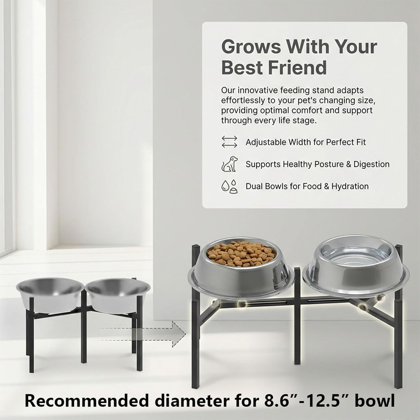 Adjustable Elevated Dog Bowl Stand, Metal Feeder Riser for Large Medium Dogs, Portable Travel Design, Slow Feeder Compatible (Without Bowls)