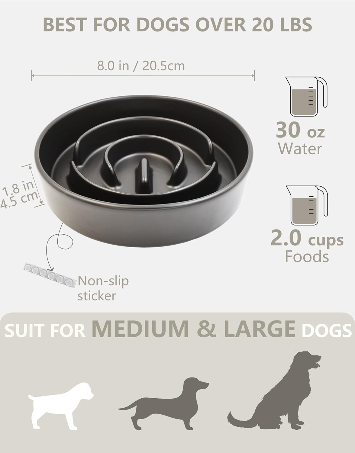 Ceramic Slow Feeder Dog Bowls, 2.0 Cups Slow Feeder for Medium Dogs, Puzzle Maze Bowl to Slow Down Eating, 30oz, 8in, Black