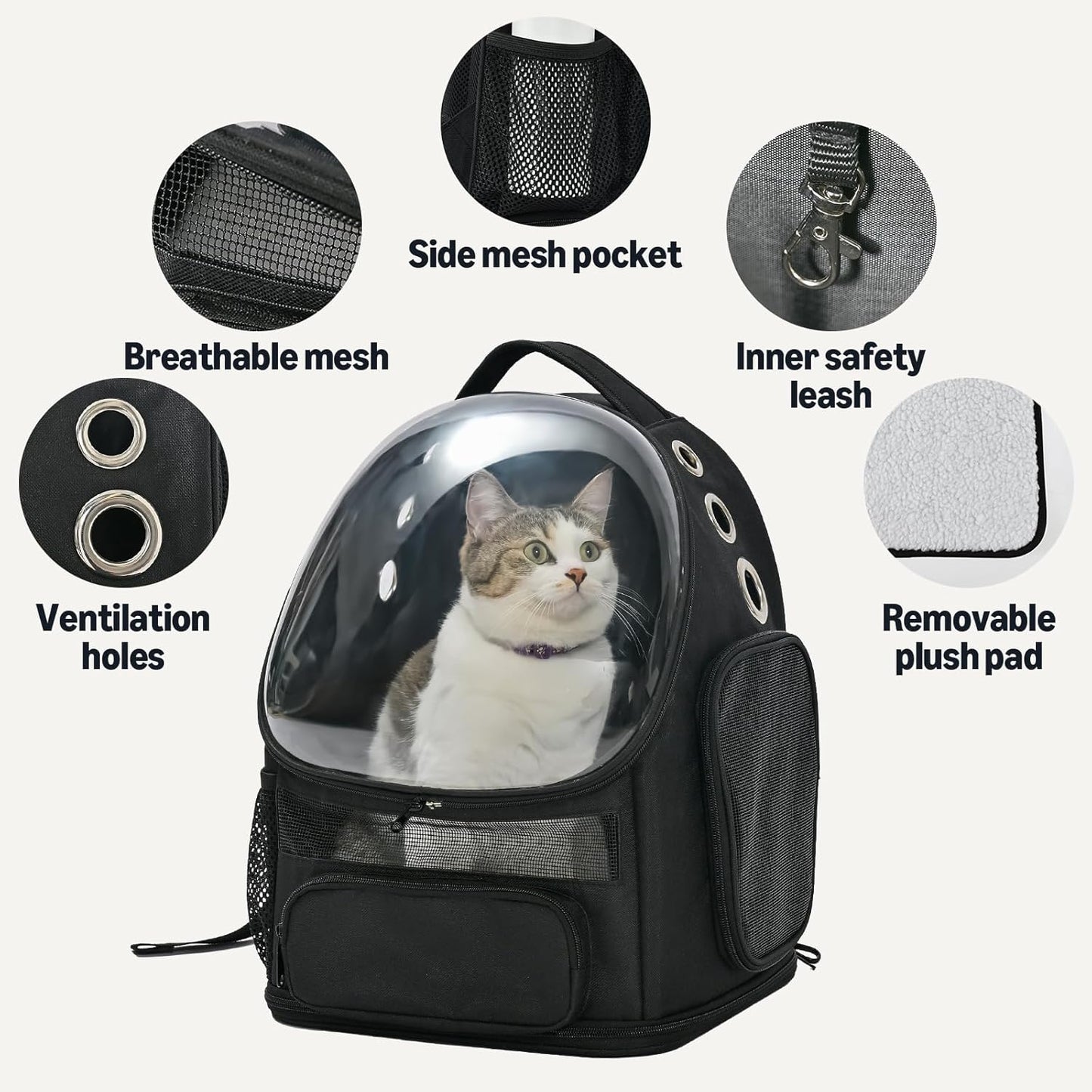 Amazon Basics Pet Carrier Backpack for Small Cats & Dogs, Collapsible Travel Carrier with Bubble Window & Breathable Mesh, Foldable for Travel, Black